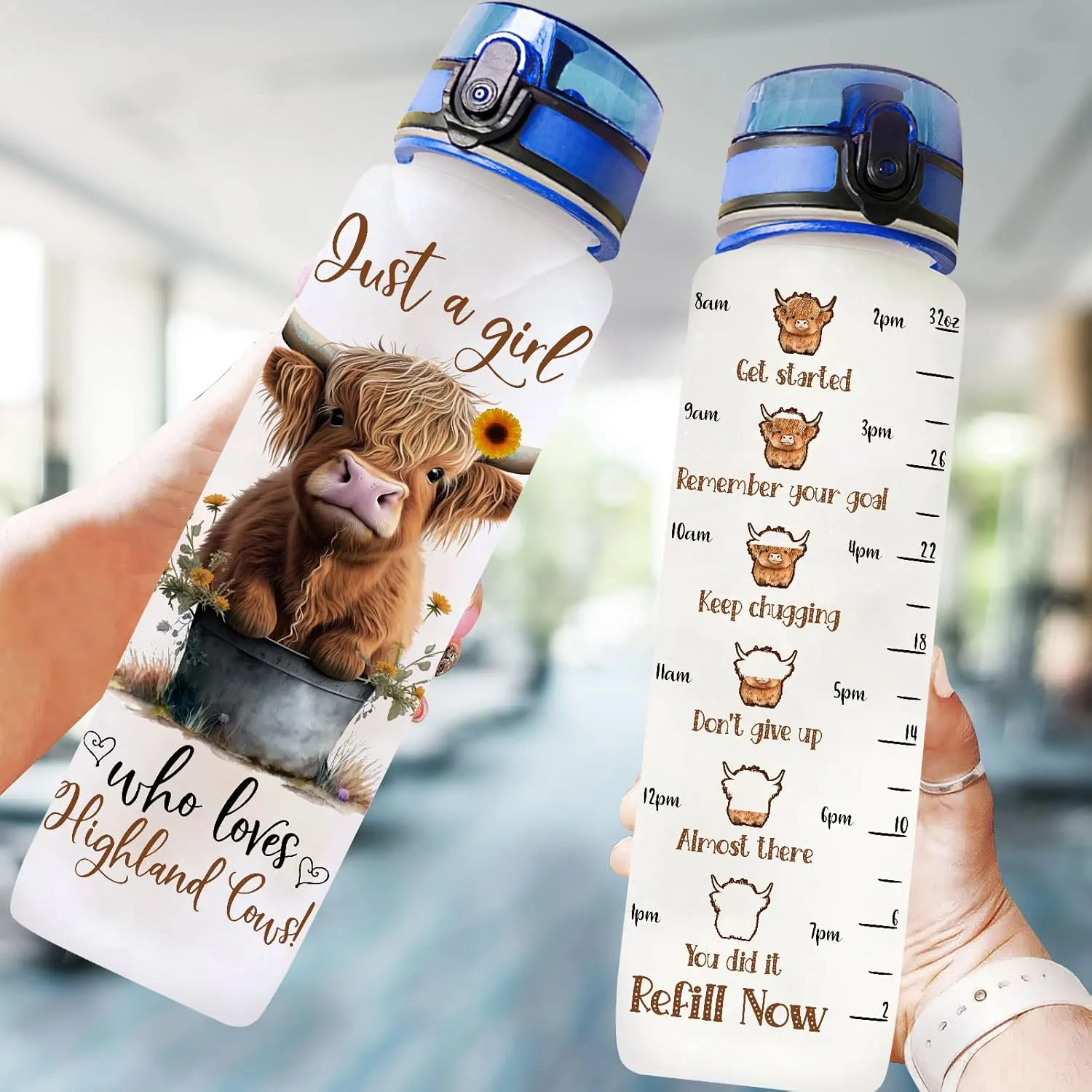 34HD Highland Cow Water Bottle, 32 oz Tritan Plastic, Motivational Quote & Time Marker, Gift for Women, Sports & Everyday Use