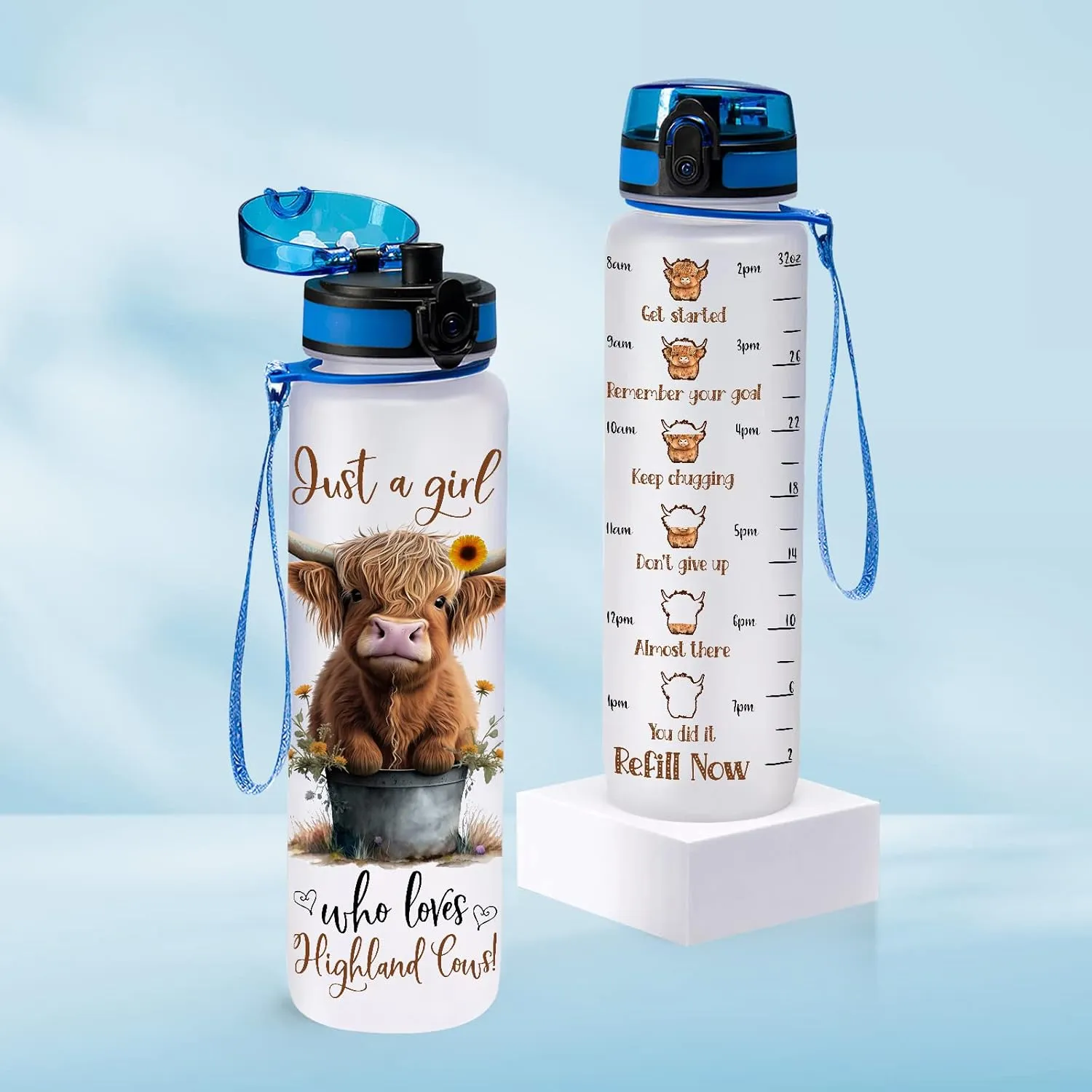 34HD Highland Cow Water Bottle, 32 oz Tritan Plastic, Motivational Quote & Time Marker, Gift for Women, Sports & Everyday Use