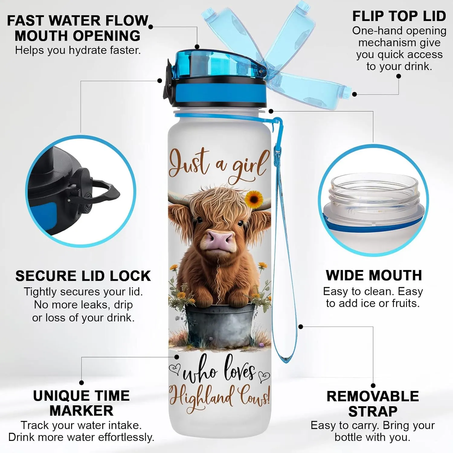 34HD Highland Cow Water Bottle, 32 oz Tritan Plastic, Motivational Quote & Time Marker, Gift for Women, Sports & Everyday Use
