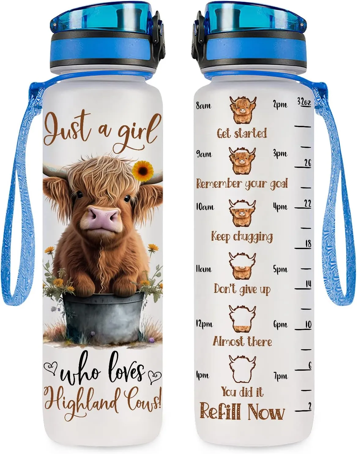 34HD Highland Cow Water Bottle, 32 oz Tritan Plastic, Motivational Quote & Time Marker, Gift for Women, Sports & Everyday Use