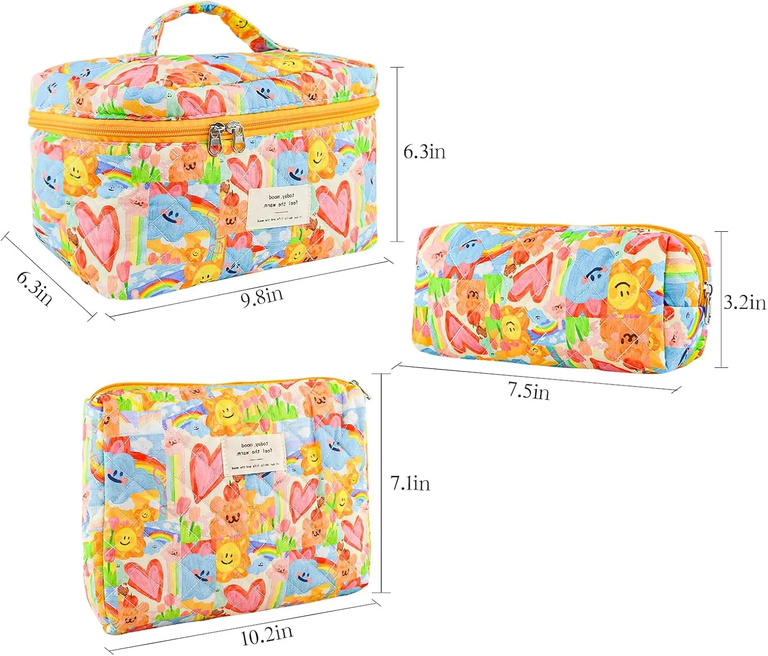 3Pcs Cotton Quilted Makeup Bag Large Travel Cosmetic Bag Coquette Makeup Pouch Cute Aesthetic Floral Toiletry Bag for Women Girls