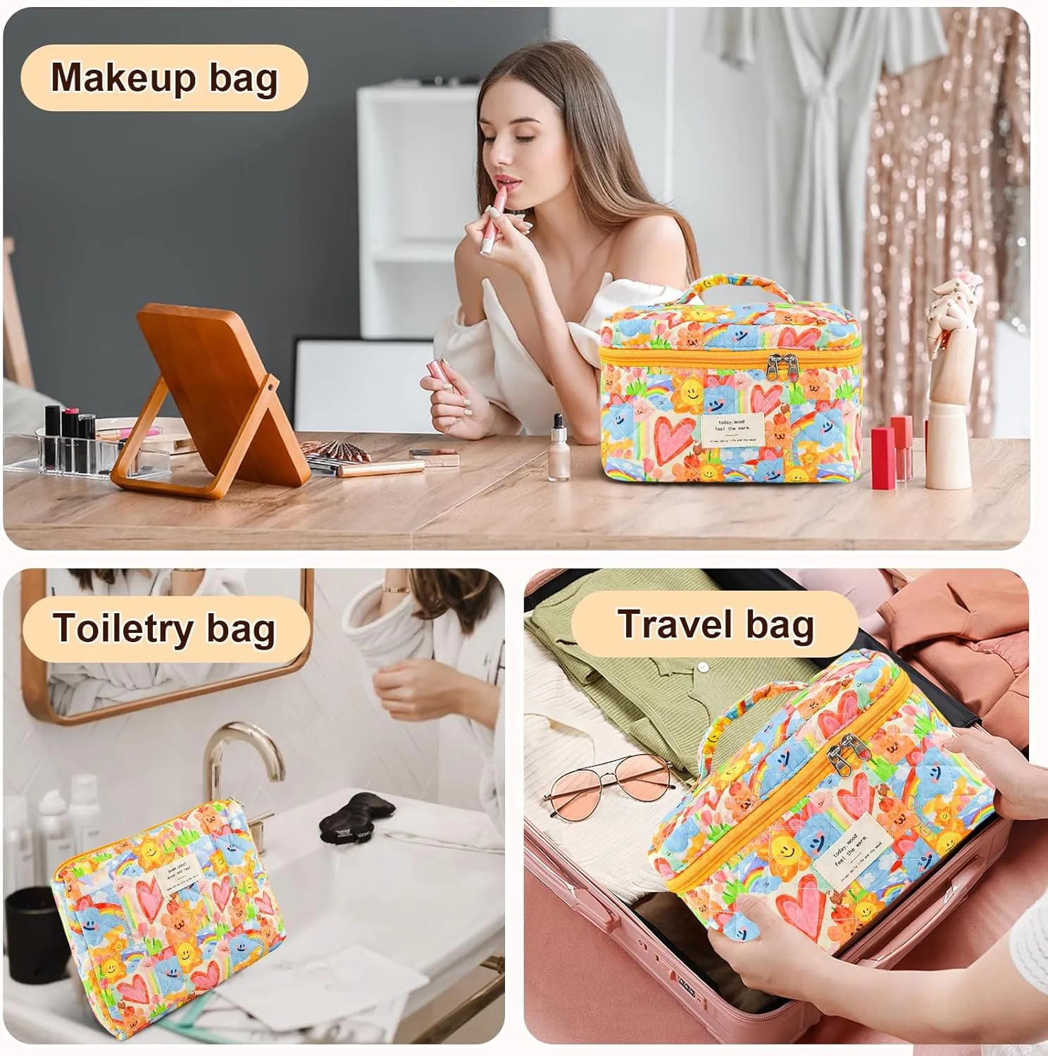 3Pcs Cotton Quilted Makeup Bag Large Travel Cosmetic Bag Coquette Makeup Pouch Cute Aesthetic Floral Toiletry Bag for Women Girls