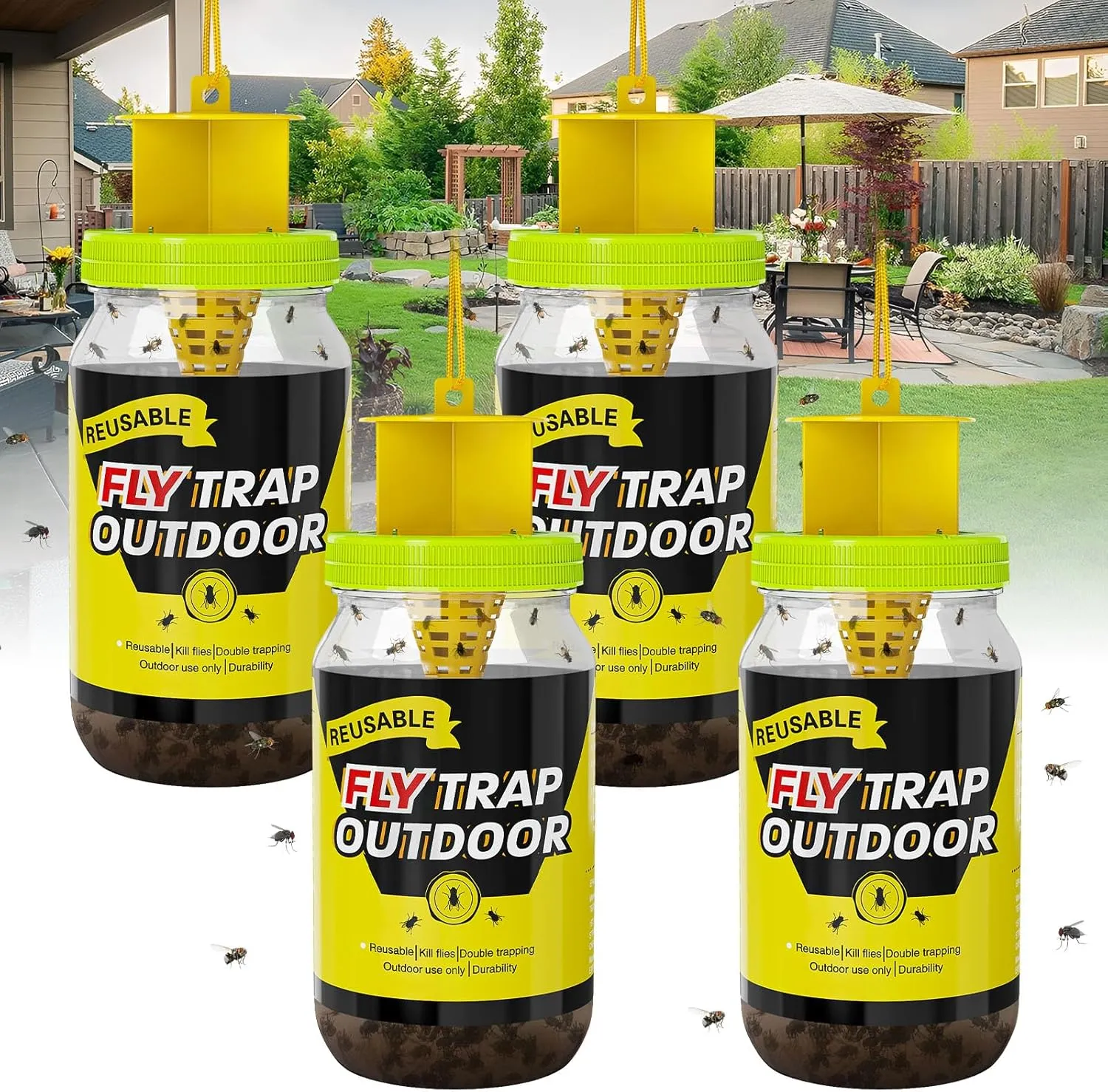 4 Pack Outdoor Fly Traps for Patio, Flies Jar Trap Bottle, Reusable Hanging Gnat Catcher Jar with Lure, Insect Bug Control for Yard, Barns, Stable, Killer Repellent Trap for House