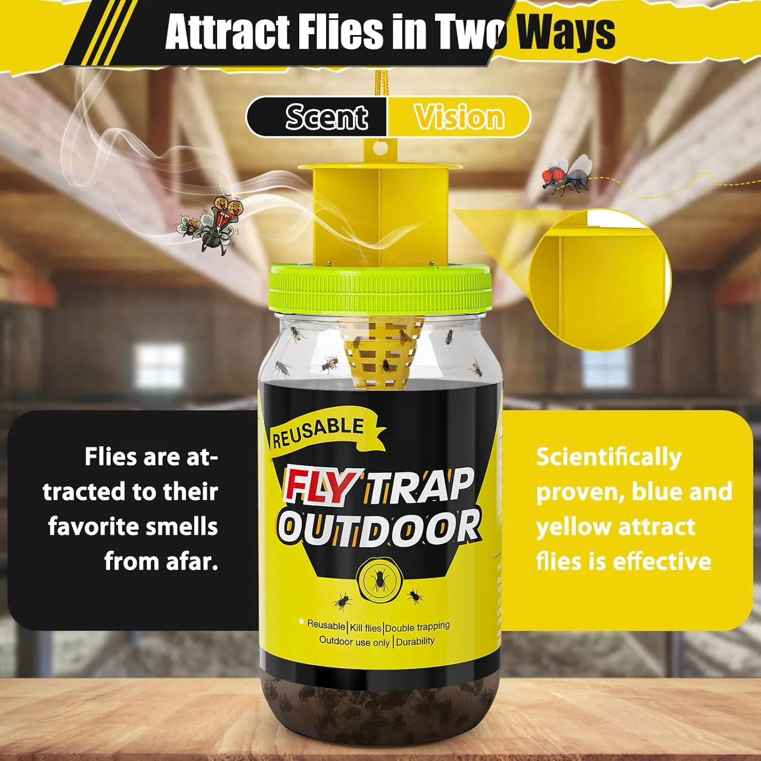 4 Pack Outdoor Fly Traps for Patio, Flies Jar Trap Bottle, Reusable Hanging Gnat Catcher Jar with Lure, Insect Bug Control for Yard, Barns, Stable, Killer Repellent Trap for House