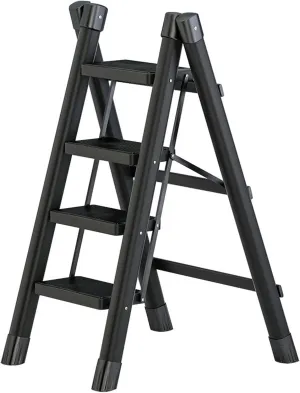 4 Step Folding Portable Step Ladder with Anti-Slip Wide Pedal Aluminum Stepladder Lightweight Step Stool for Office, Household, Library 300lbs - Black