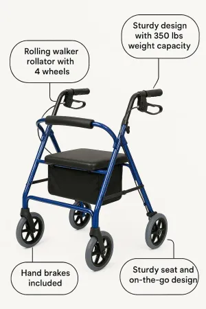 4-Wheel Rollator Walker for Seniors FSA/HSA Eligible– Blue Rolling Walker with Seat, Hand Brakes & Storage – Heavy Duty Frame Supports 350 lbs – Foldable Mobility Aid