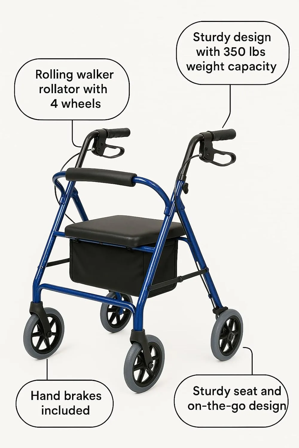 4-Wheel Rollator Walker for Seniors FSA/HSA Eligible– Blue Rolling Walker with Seat, Hand Brakes & Storage – Heavy Duty Frame Supports 350 lbs – Foldable Mobility Aid
