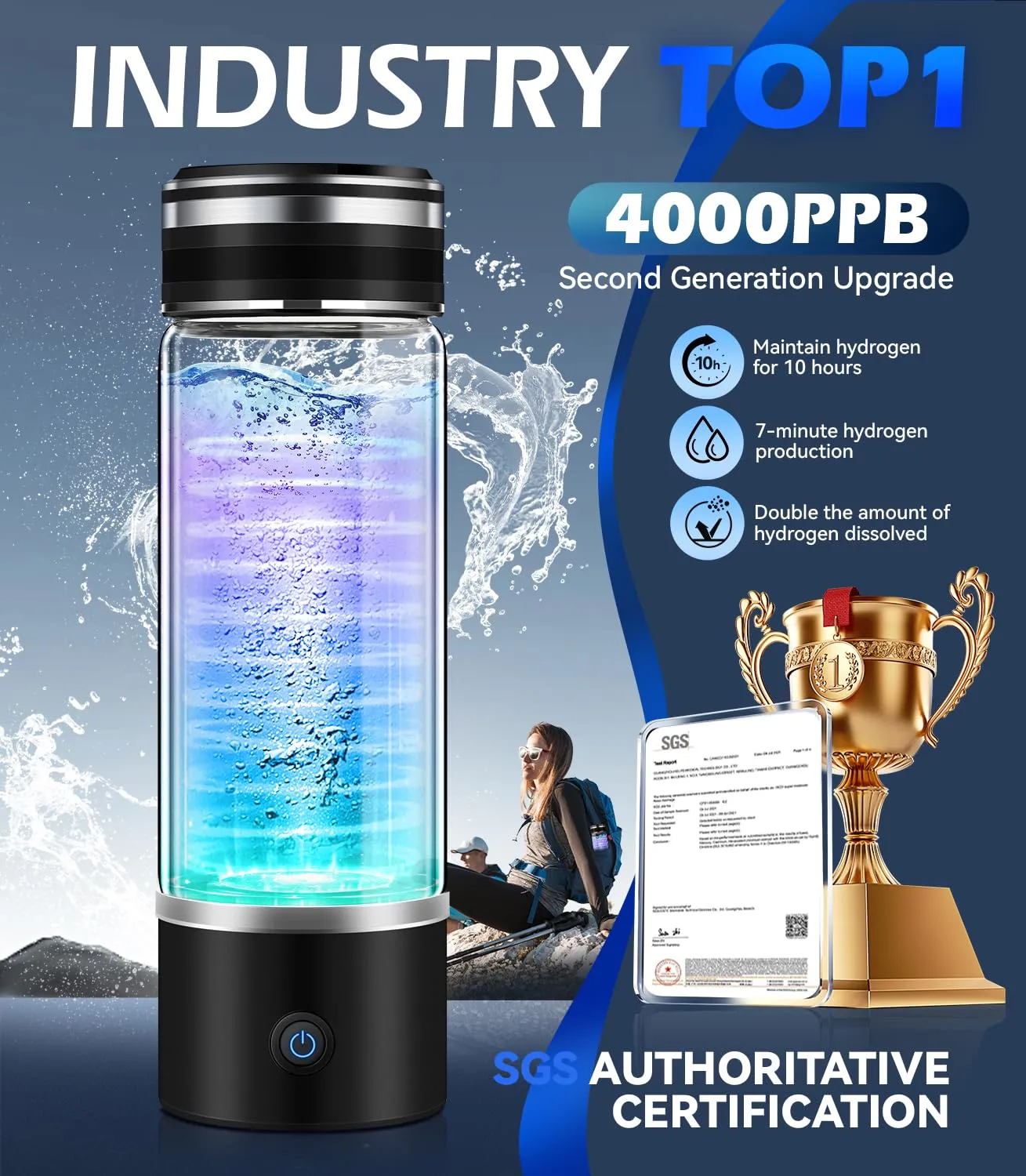 4.0 Upgrade Hydrogen Water Bottle & Double Hydrogen Content 【NO.1-100% Odorless】【SGS Certification - 5000PPB】 Hydrogen Water Bottle - 2025 SPE PEM Technique, Applicable to Various Water