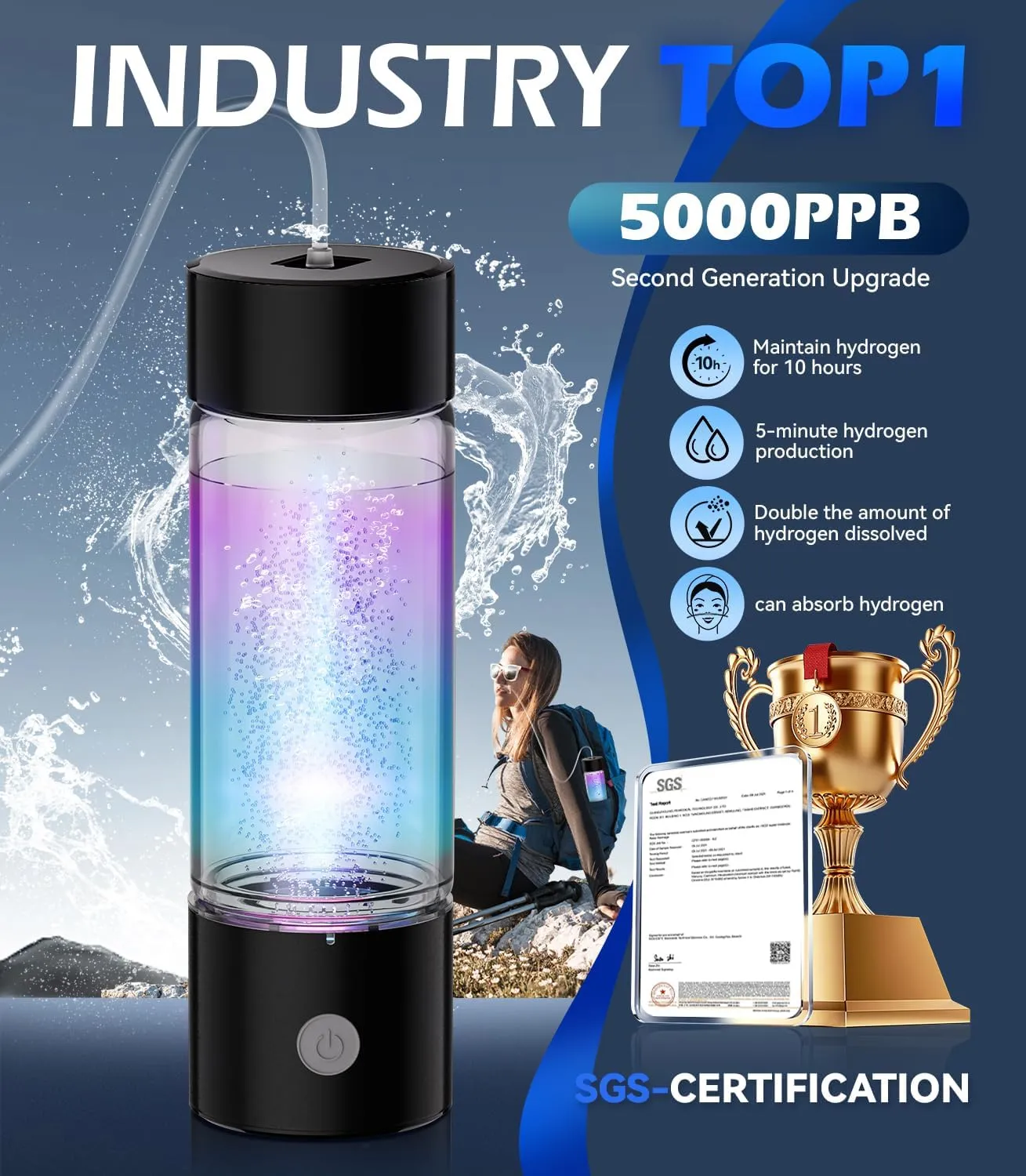 4.0 Upgrade Hydrogen Water Bottle & Hydrogen Absorption 【NO.1-100% Odorless】【SGS Certification - 5000PPB】 Hydrogen Water Bottle - 2025 SPE PEM Technique, Double Hydrogen Content