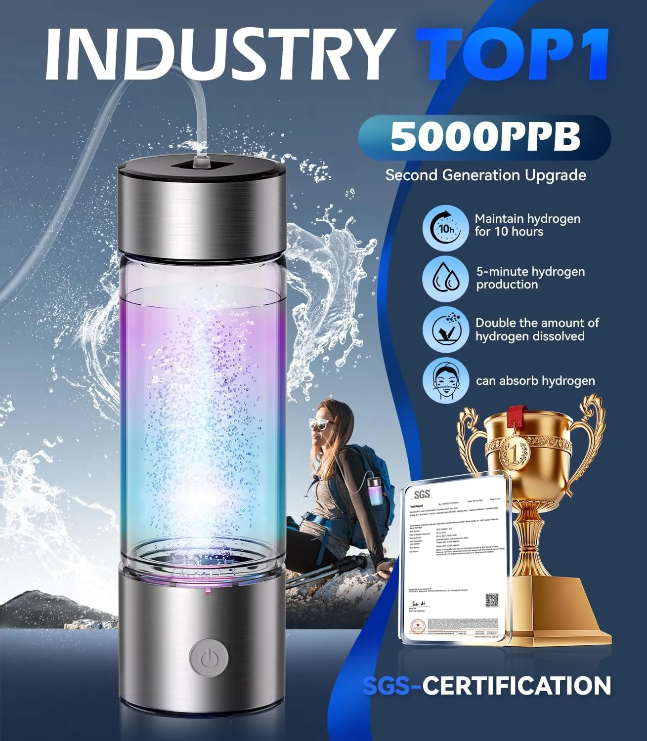 4.0 Upgrade Hydrogen Water Bottle & Hydrogen Absorption 【NO.1-100% Odorless】【SGS Certification - 5000PPB】 Hydrogen Water Bottle - 2025 SPE PEM Technique, Double Hydrogen Content