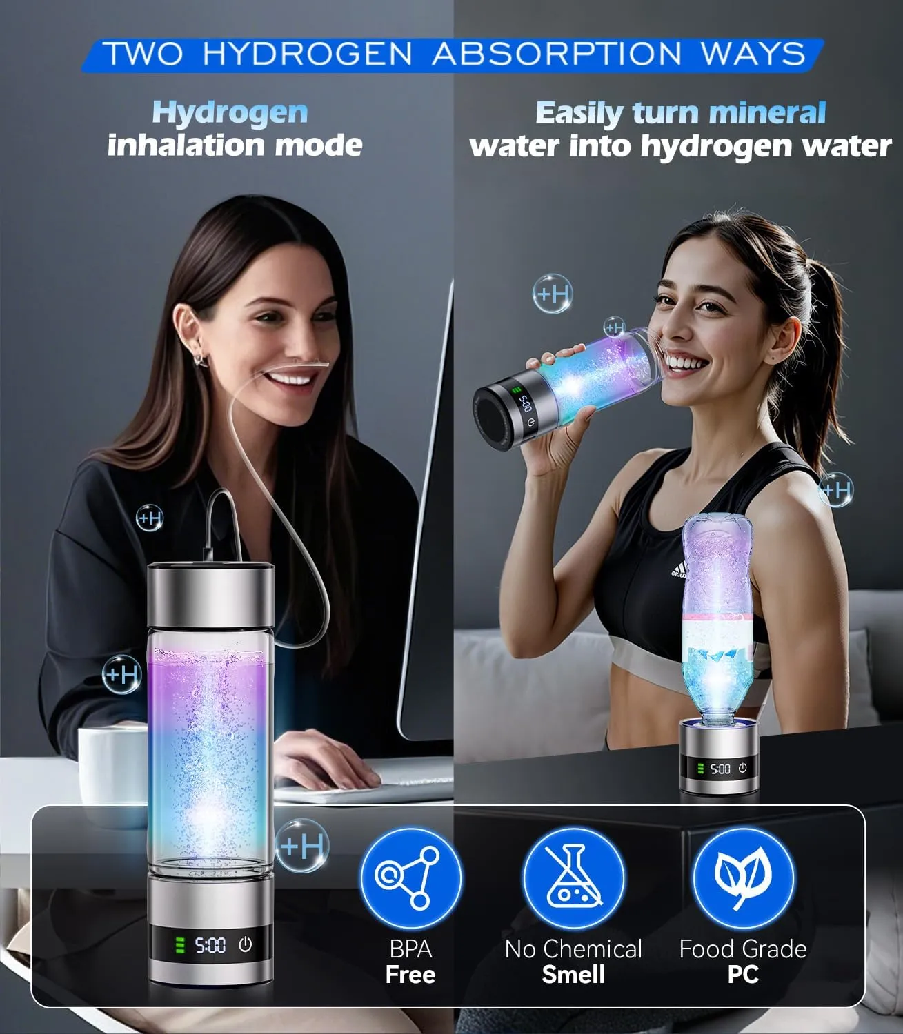 4.0 Upgrade Hydrogen Water Bottle & Hydrogen Absorption 【NO.1-100% Odorless】【SGS Certification - 6000PPB】 Hydrogen Water Bottle - 2025 SPE PEM Technique, Applicable to Various Water