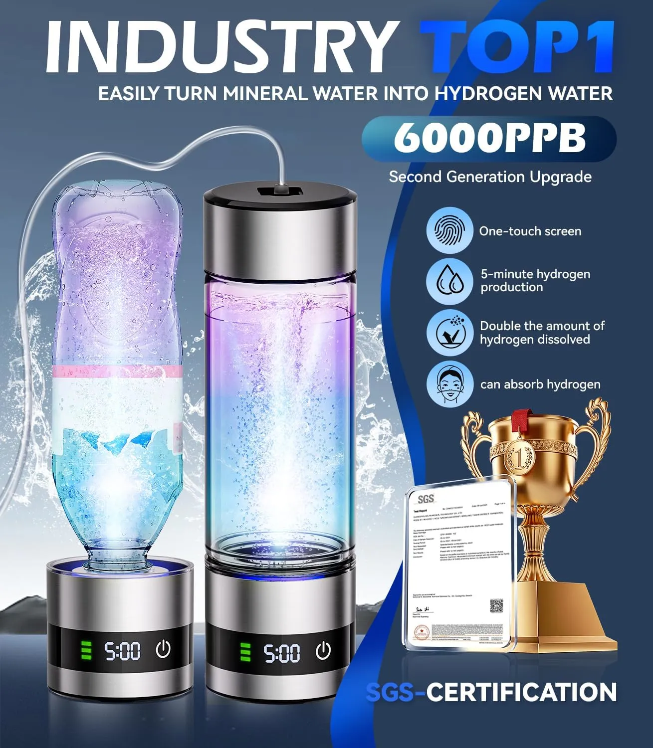 4.0 Upgrade Hydrogen Water Bottle & Hydrogen Absorption 【NO.1-100% Odorless】【SGS Certification - 6000PPB】 Hydrogen Water Bottle - 2025 SPE PEM Technique, Applicable to Various Water