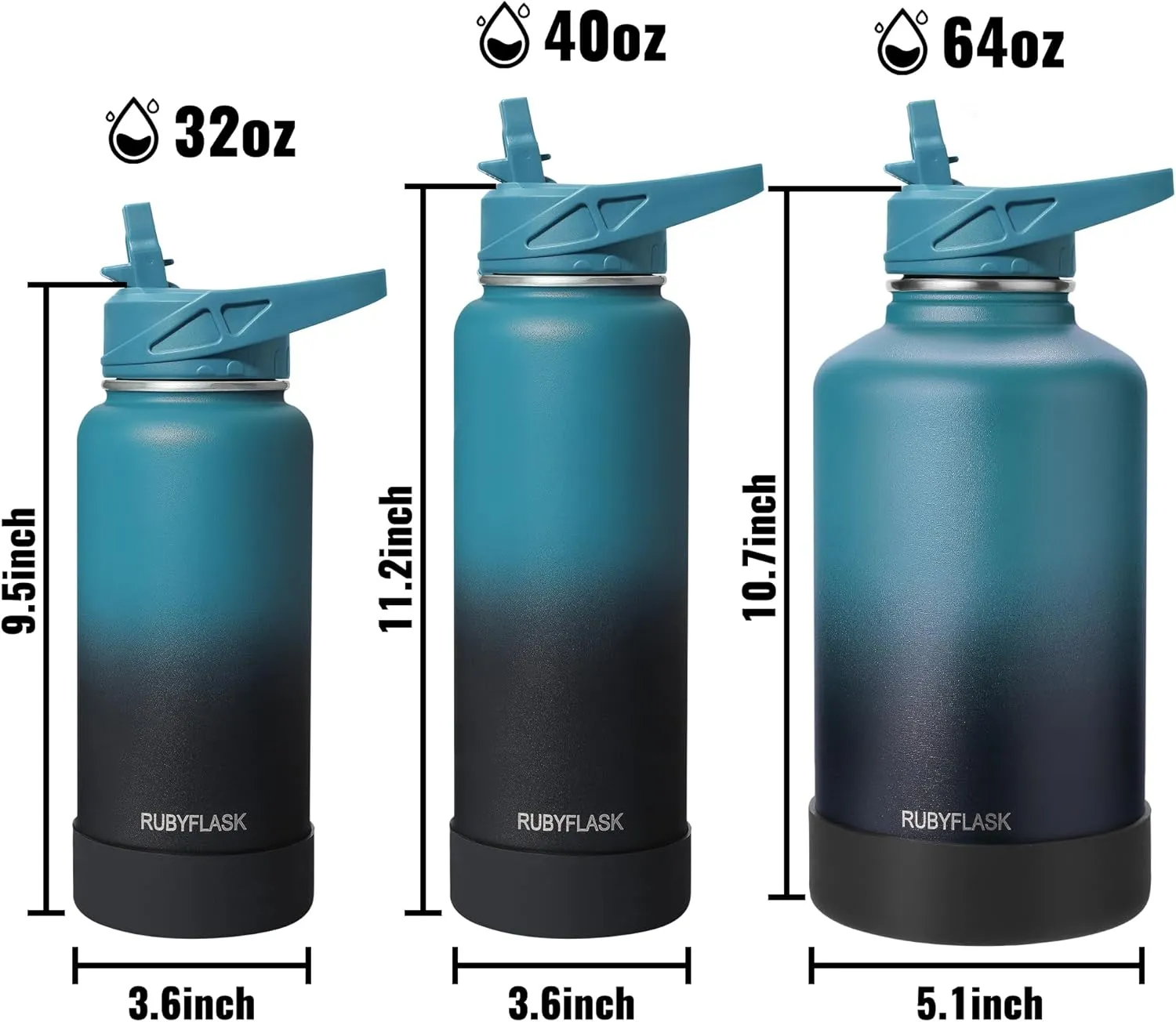 40oz Insulated Water Bottle with Straw, Stainless Steel Metal Vacuum Water Flask, Large Thermos Water bottle with Leakproof 3 Lids for Travel, Camping, Gym Sports Black