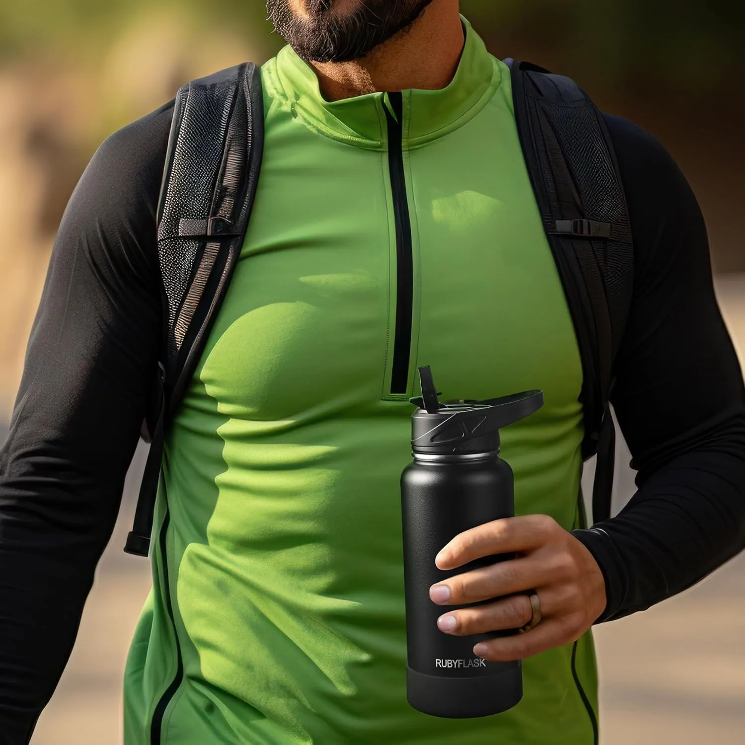 40oz Insulated Water Bottle with Straw, Stainless Steel Metal Vacuum Water Flask, Large Thermos Water bottle with Leakproof 3 Lids for Travel, Camping, Gym Sports Black