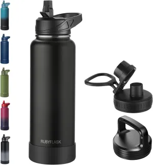 40oz Insulated Water Bottle with Straw, Stainless Steel Metal Vacuum Water Flask, Large Thermos Water bottle with Leakproof 3 Lids for Travel, Camping, Gym Sports Black