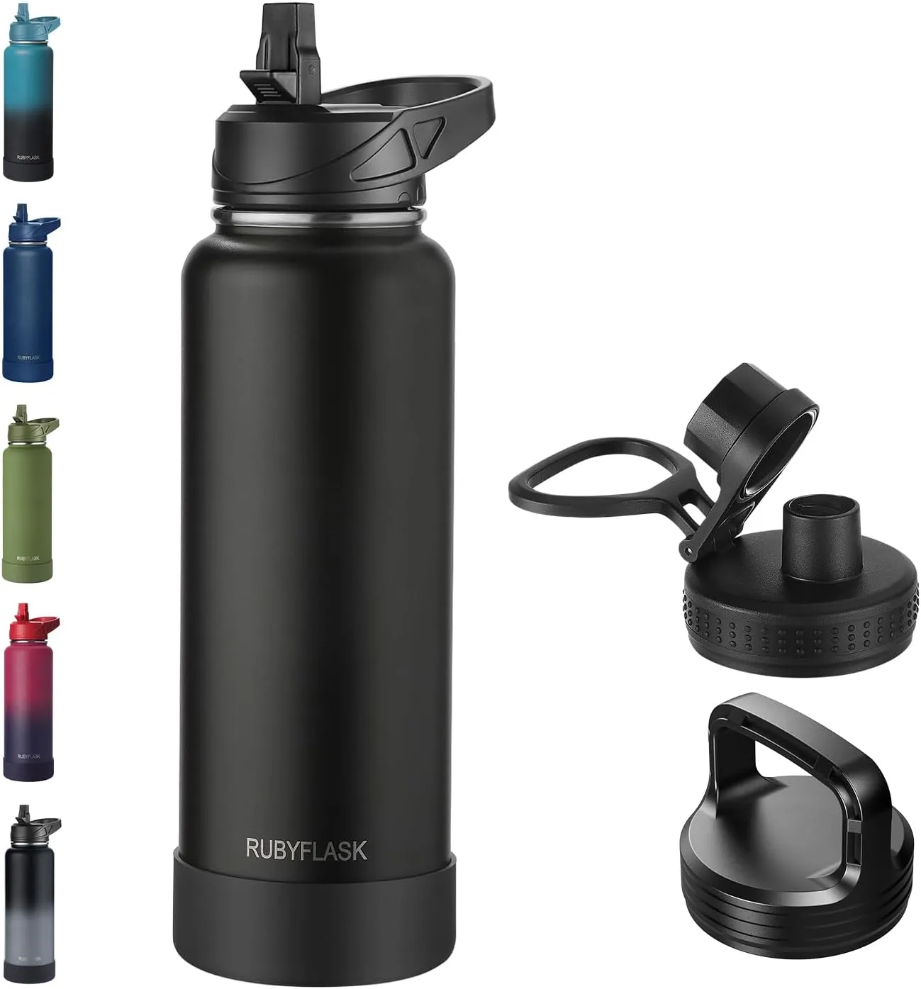 40oz Insulated Water Bottle with Straw, Stainless Steel Metal Vacuum Water Flask, Large Thermos Water bottle with Leakproof 3 Lids for Travel, Camping, Gym Sports Black