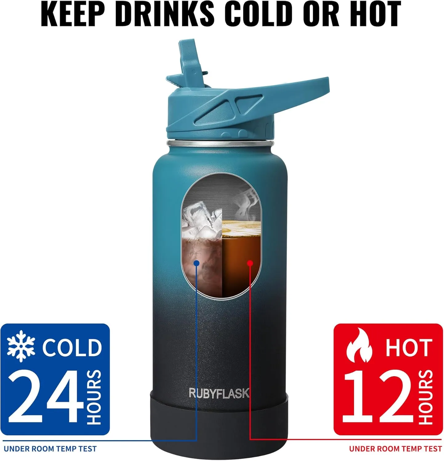 40oz Insulated Water Bottle with Straw, Stainless Steel Metal Vacuum Water Flask, Large Thermos Water bottle with Leakproof 3 Lids for Travel, Camping, Gym Sports Black