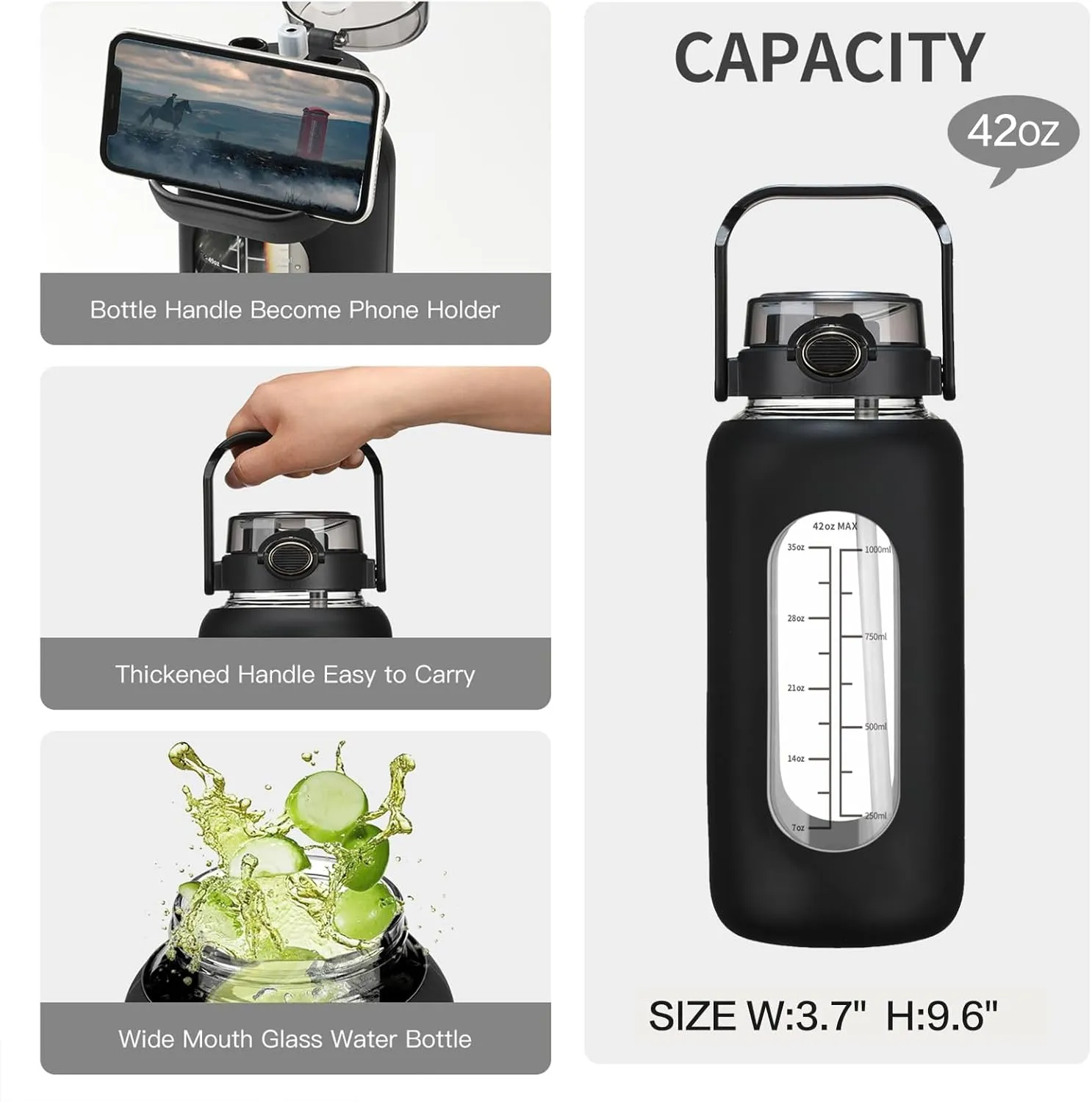 42oz/52oz/64oz Glass Water Bolttles with Straw Half Gallon Large Motivational Water Bottle with Time Marker Sports Water Bottles with Silicone Sleeve and Handle Lid Water Jug for Gym Workout
