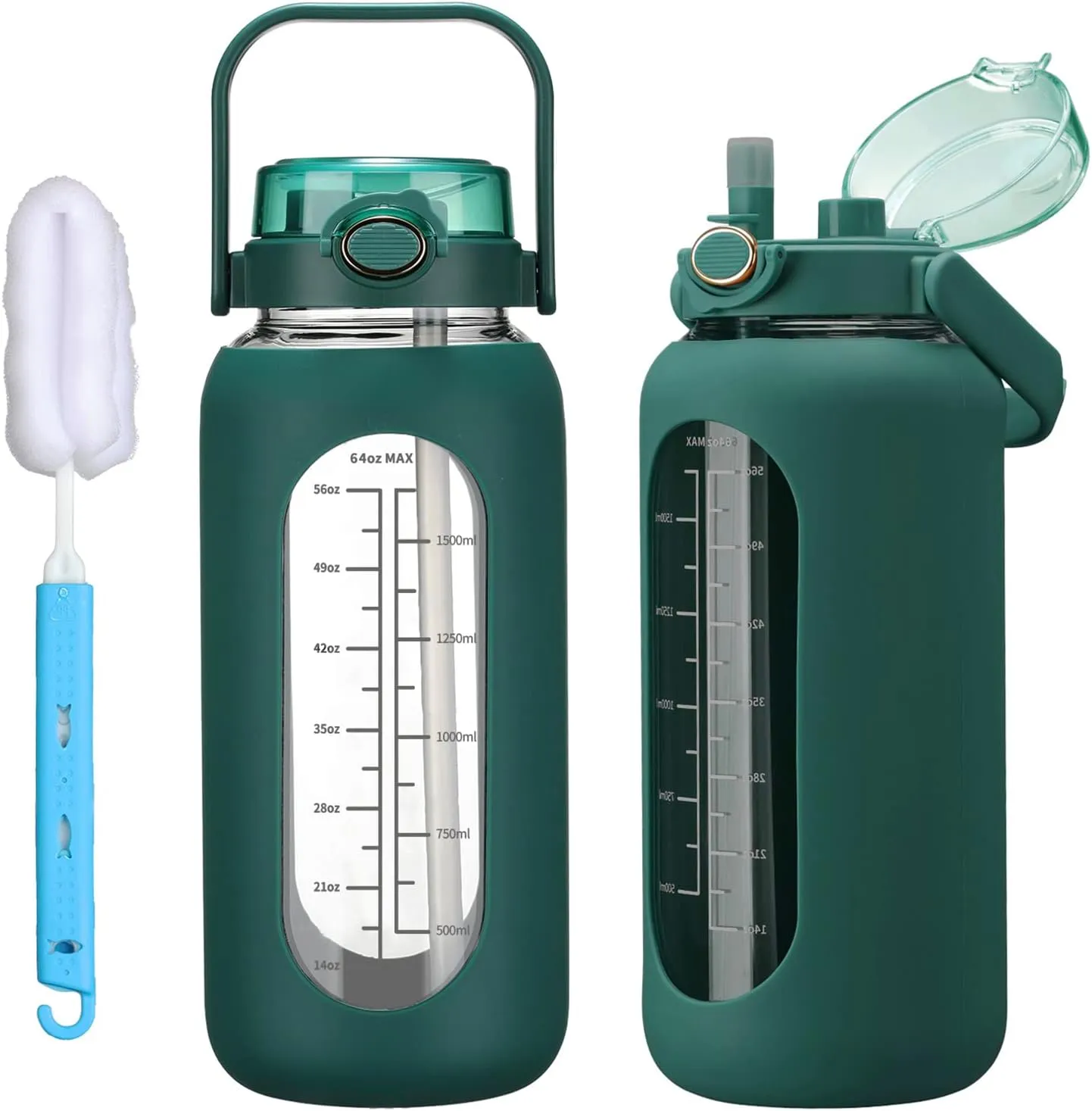 42oz/52oz/64oz Glass Water Bolttles with Straw Half Gallon Large Motivational Water Bottle with Time Marker Sports Water Bottles with Silicone Sleeve and Handle Lid Water Jug for Gym Workout