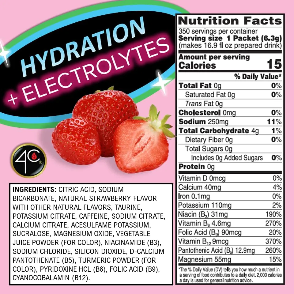 4C Powder Energy Rush Stix, Energy Rush - Strawberry Electrolyte 350 Count, Bulk Buy, Singles Stix, On the Go, Refreshing Water Flavorings, Value Pack