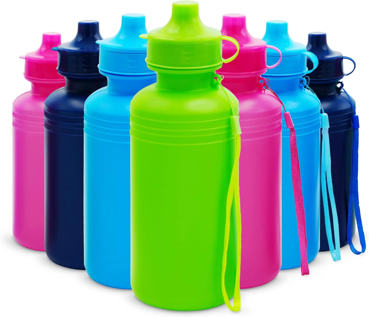4E's Novelty Bulk Water Sports Bottles for Kids 18 oz - 12 Pack Squeeze Reusable Plastic, Neon Colors, BPA Free, Kids Water Bottles Party Favor Gift Giveaways, End of Year Student Gifts from Teacher