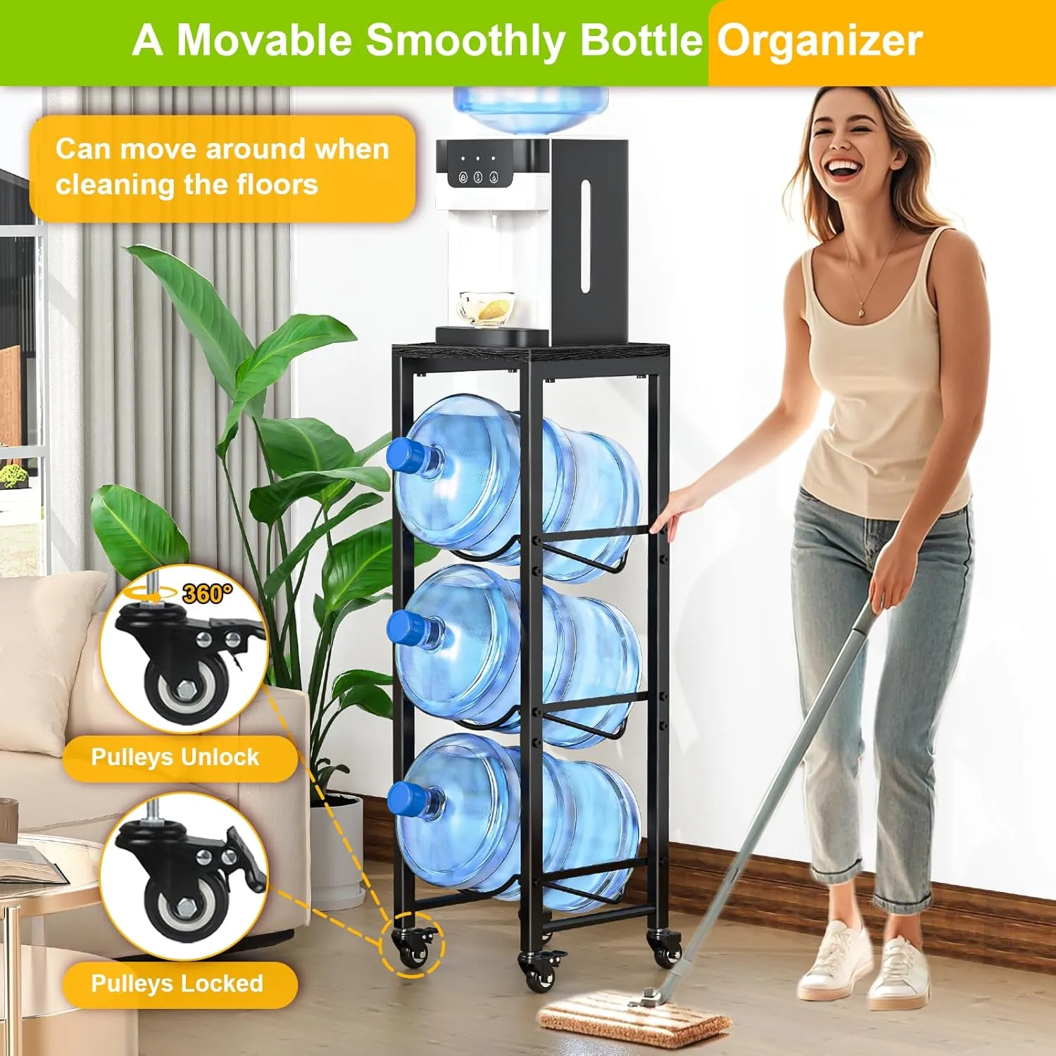 5 Gallon Water Bottle Holder, 3-Tier Water Jug Rack,Water Jug Stand with Lockable Casters,Heavy Duty Water Storage Rack Water Dispenser Stand,Water Jug Holder for Kitchen,Office,Garage,Black