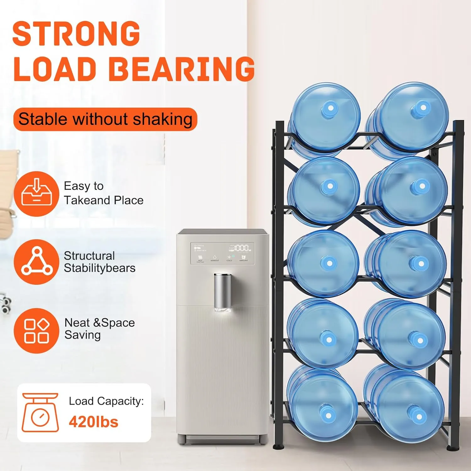 5 Gallon Water Bottle Holder for 10 Bottles, 5 Tiers Double Row Water Jug Holder, Detachable Heavy Duty Water Jug Stand, Water Jug Rack for Office, Kitchen, Garages, Restaurant, and Gym
