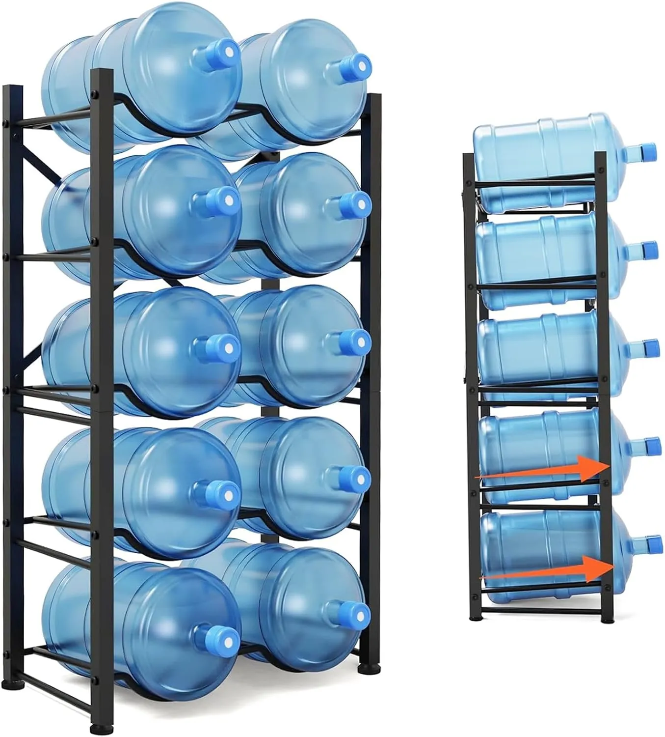 5 Gallon Water Bottle Holder for 10 Bottles, 5 Tiers Double Row Water Jug Holder, Detachable Heavy Duty Water Jug Stand, Water Jug Rack for Office, Kitchen, Garages, Restaurant, and Gym
