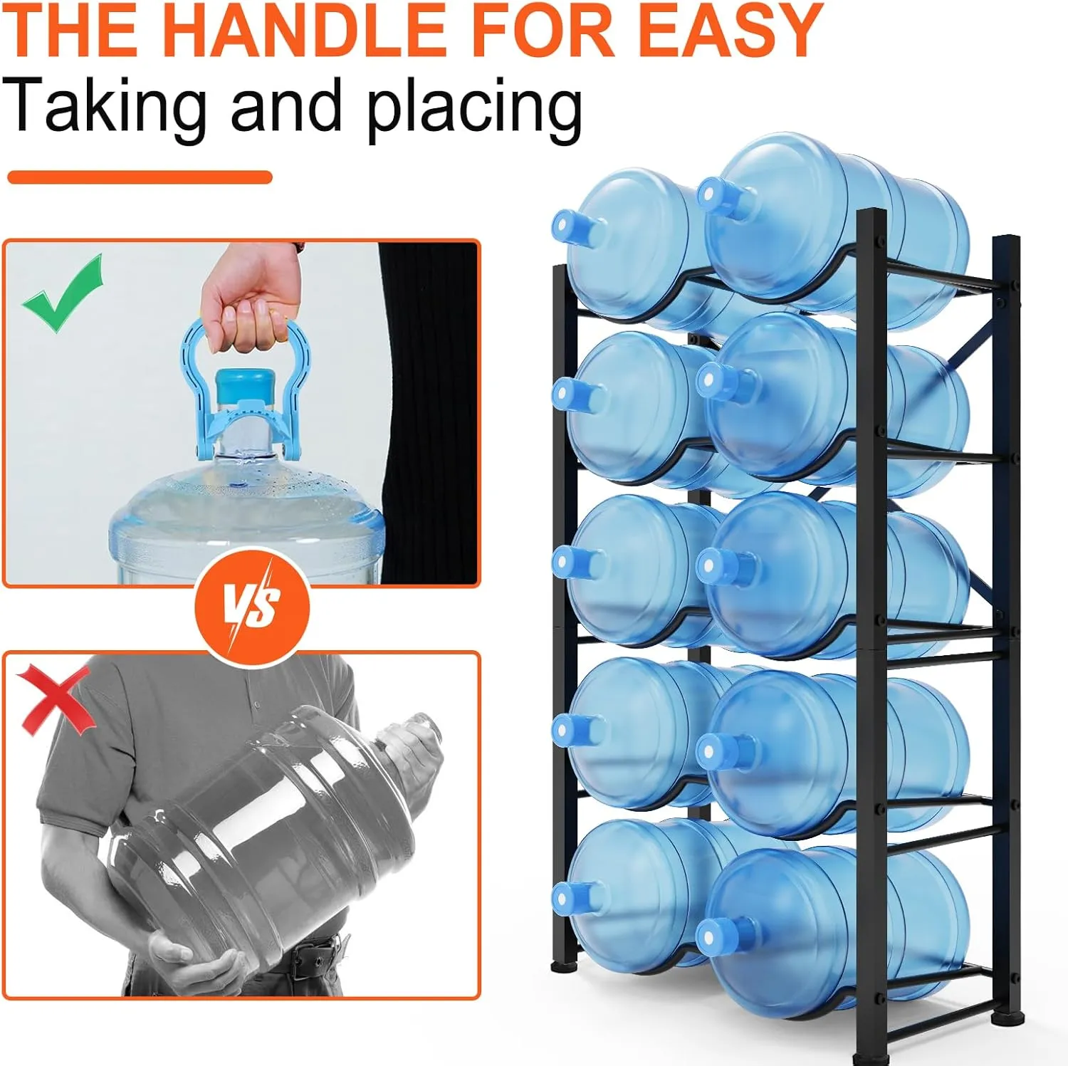 5 Gallon Water Bottle Holder for 10 Bottles, 5 Tiers Double Row Water Jug Holder, Detachable Heavy Duty Water Jug Stand, Water Jug Rack for Office, Kitchen, Garages, Restaurant, and Gym