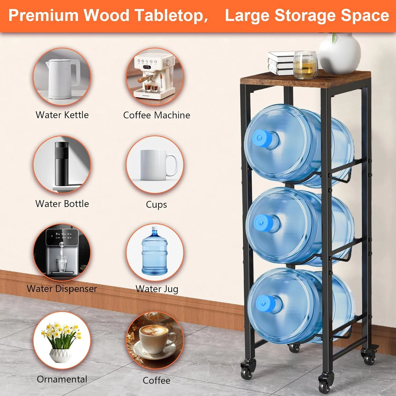 5 Gallon Water Bottle Jug Holder 3-Tier Water Bottle Holder Organizer with Lockable Casters Heavy Duty Water Storage Rack Water Dispenser Stand With Wood Top Shelf for Kitchen Office Garage Brown