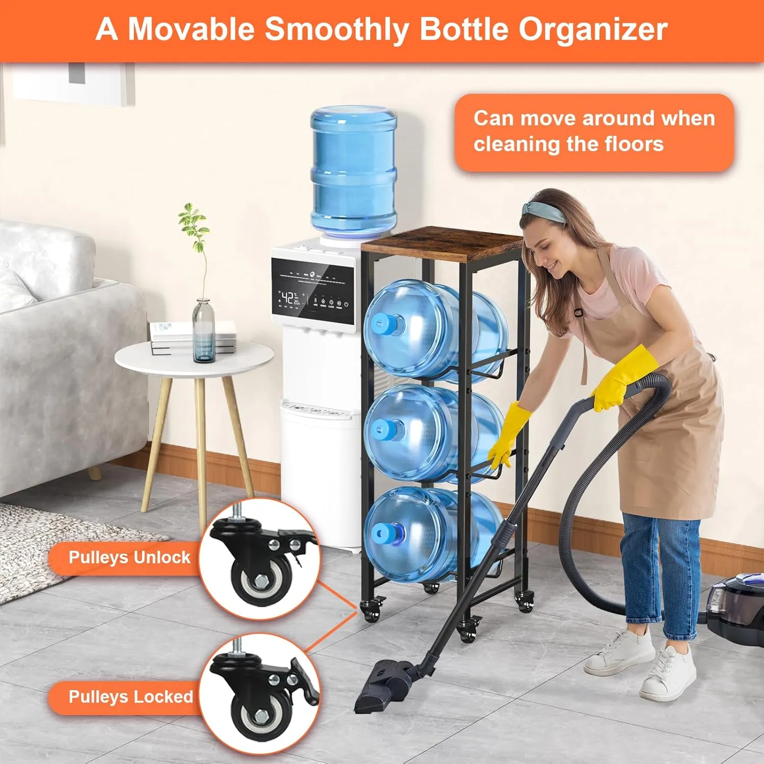 5 Gallon Water Bottle Jug Holder 3-Tier Water Bottle Holder Organizer with Lockable Casters Heavy Duty Water Storage Rack Water Dispenser Stand With Wood Top Shelf for Kitchen Office Garage Brown