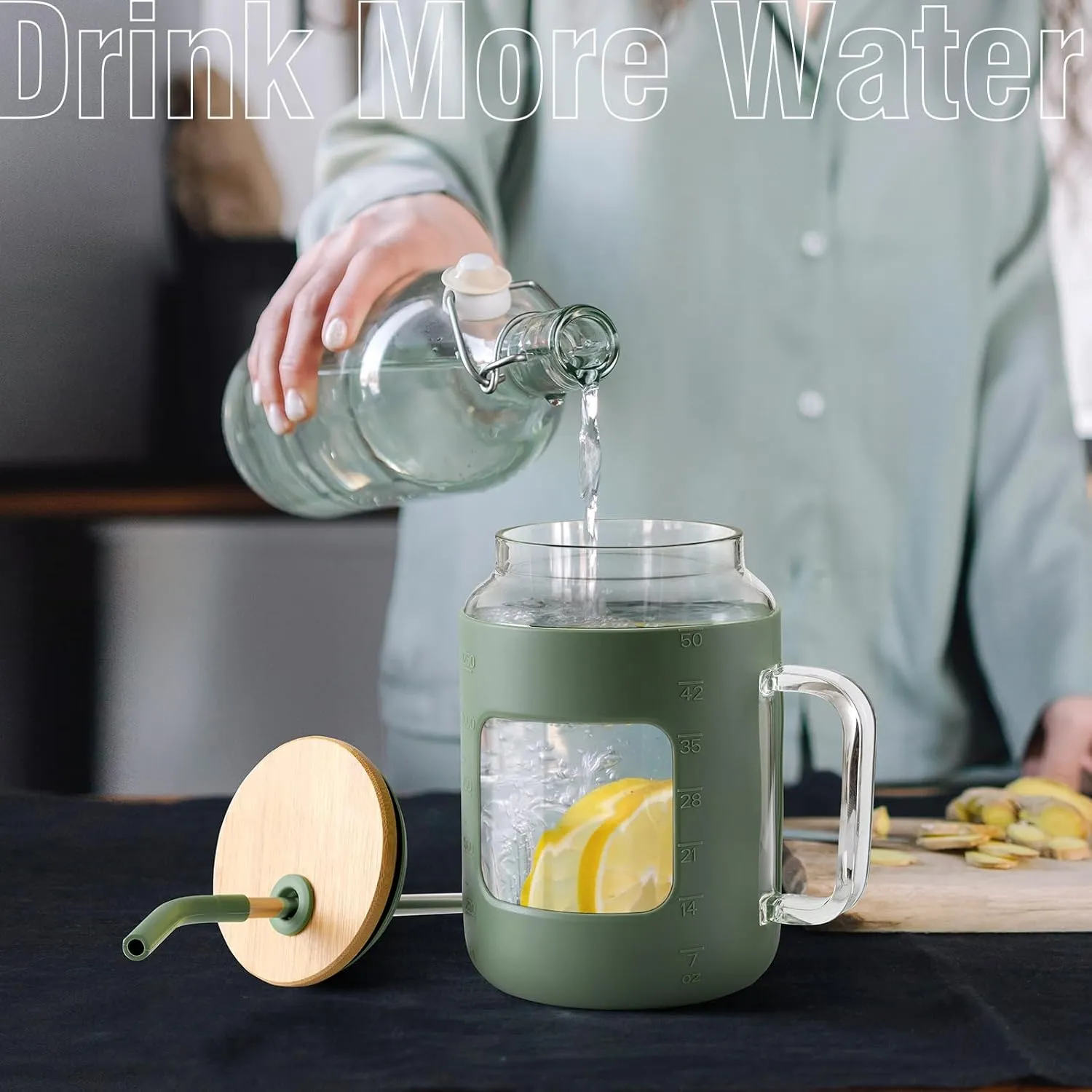 50 oz Glass Water Bottles with Silicone Sleeve,Glass Tumbler with Lid and Straw,Iced Coffee Cup with Handle,BPA Free-Olive