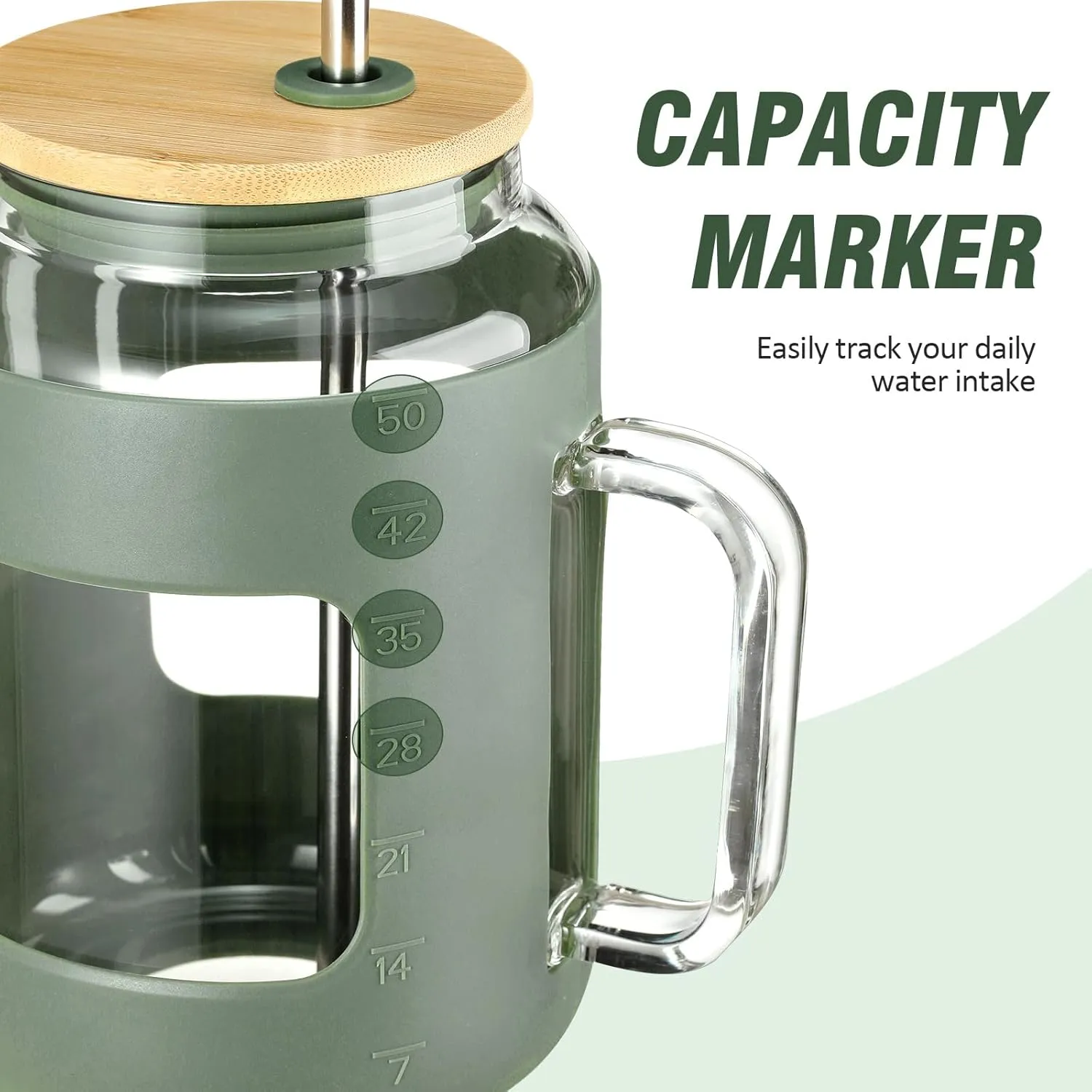 50 oz Glass Water Bottles with Silicone Sleeve,Glass Tumbler with Lid and Straw,Iced Coffee Cup with Handle,BPA Free-Olive