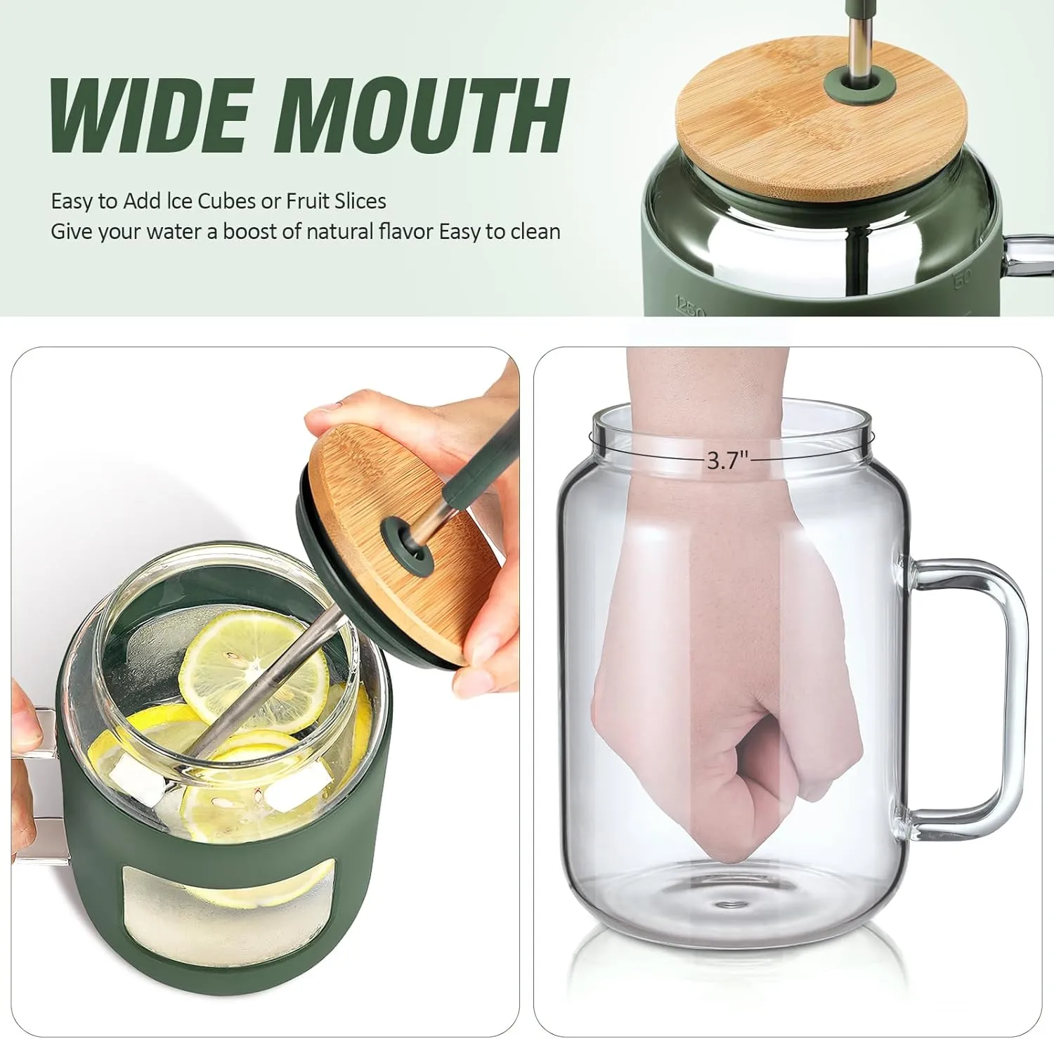 50 oz Glass Water Bottles with Silicone Sleeve,Glass Tumbler with Lid and Straw,Iced Coffee Cup with Handle,BPA Free-Olive