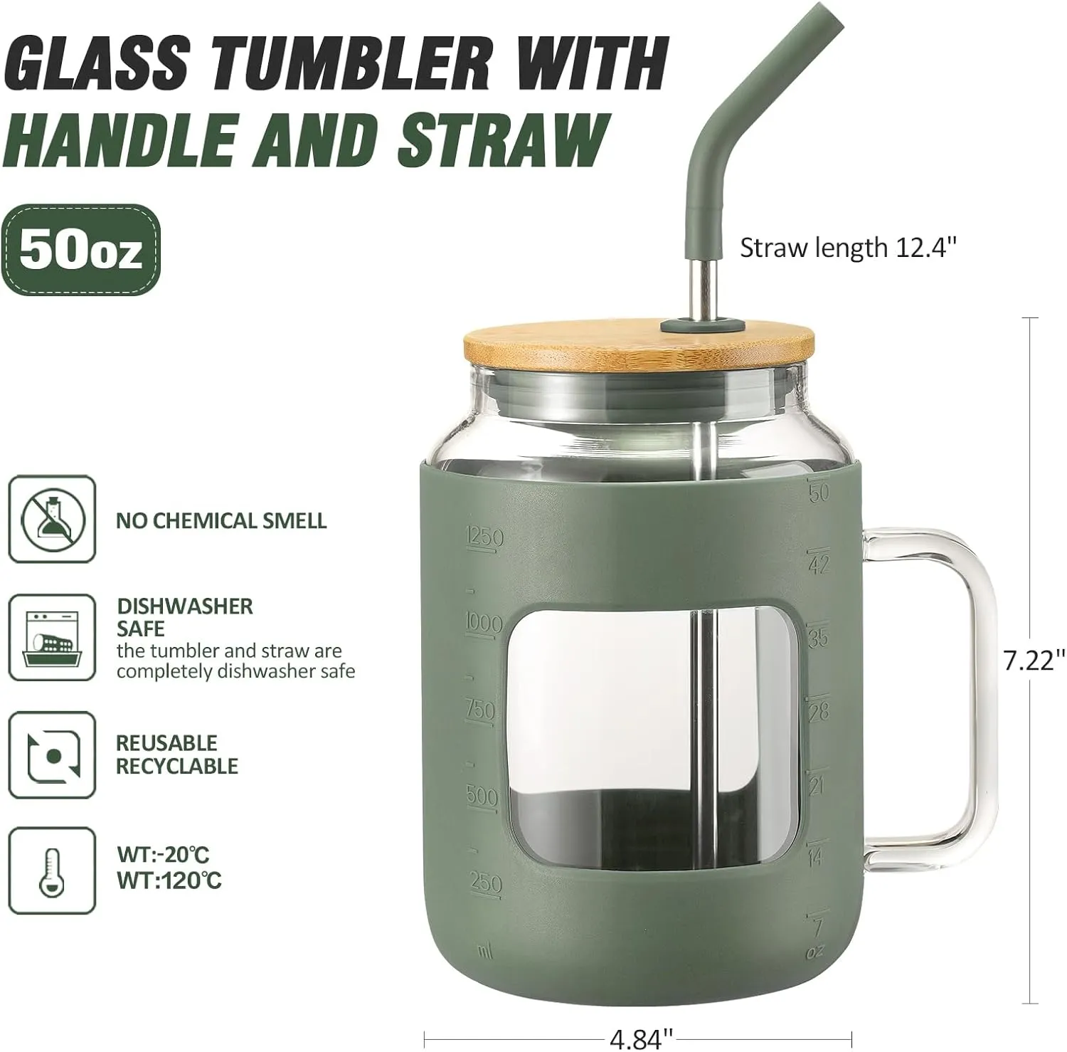50 oz Glass Water Bottles with Silicone Sleeve,Glass Tumbler with Lid and Straw,Iced Coffee Cup with Handle,BPA Free-Olive