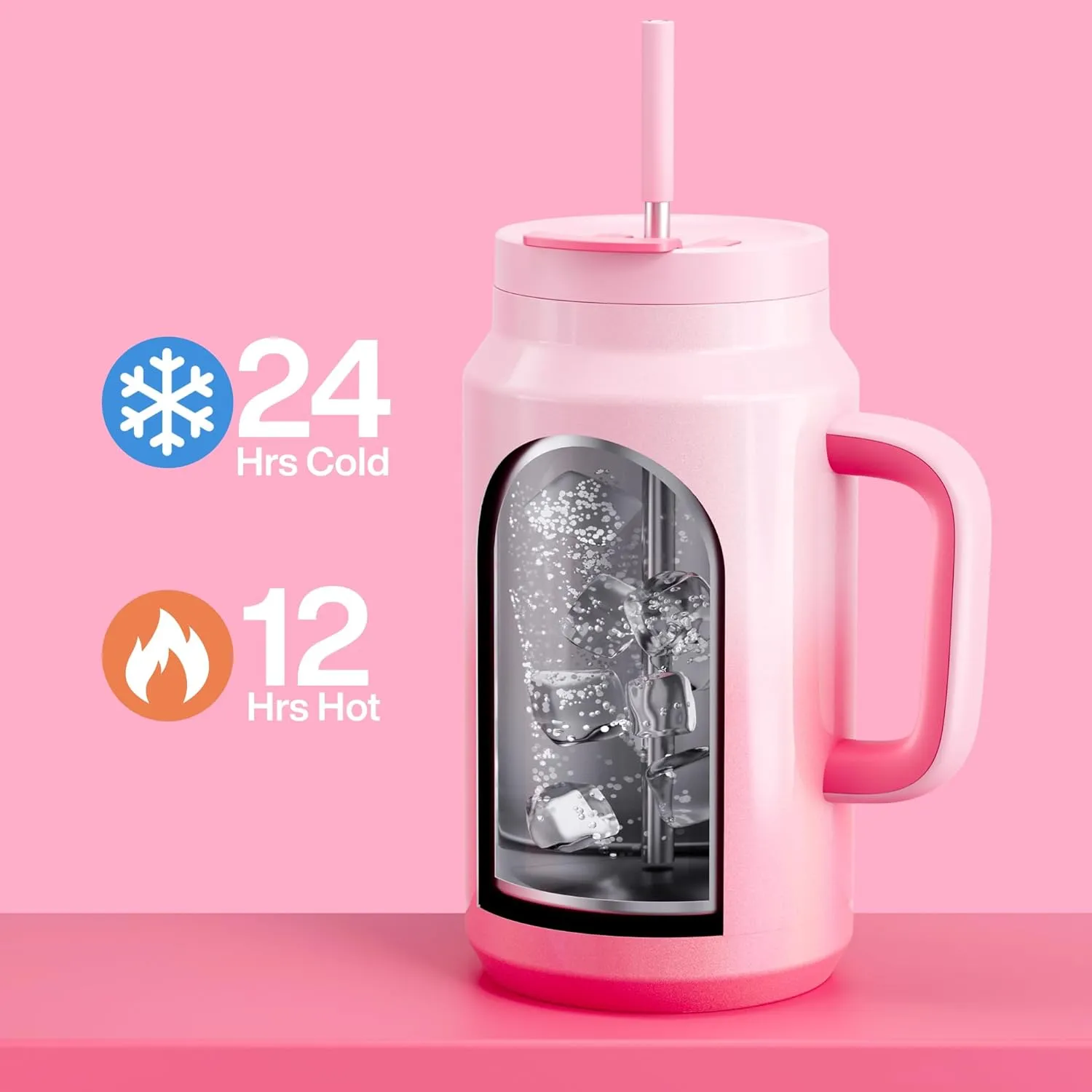 50 oz Tumbler with Handle and Straw, 100% Leak-Proof Insulated Cup Large Water Bottle with 2-in-1 Lid, Reusable Stainless Steel Travel Mug Water Jug, Non-slip Base, BPA-Free （Flamingo）
