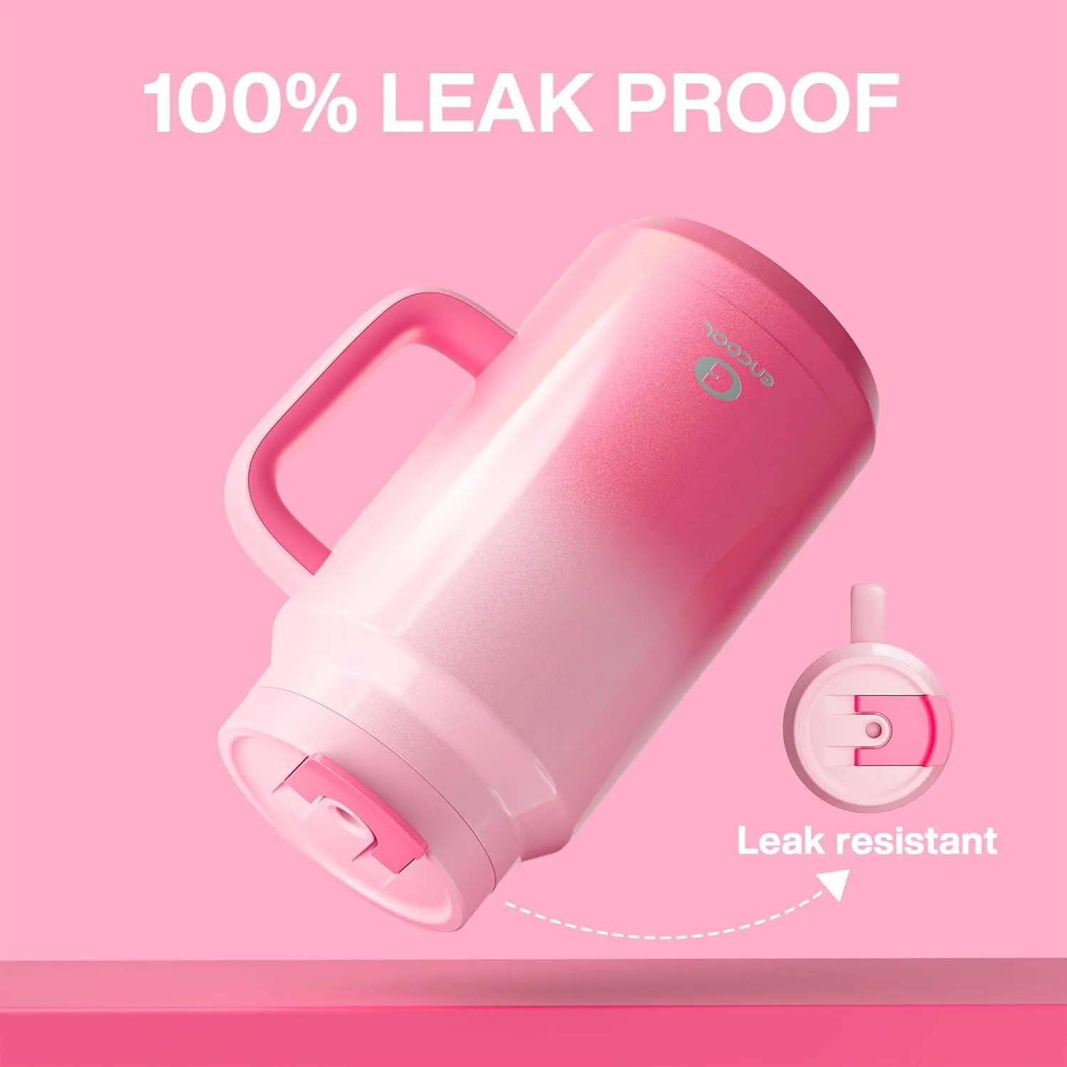 50 oz Tumbler with Handle and Straw, 100% Leak-Proof Insulated Cup Large Water Bottle with 2-in-1 Lid, Reusable Stainless Steel Travel Mug Water Jug, Non-slip Base, BPA-Free （Flamingo）