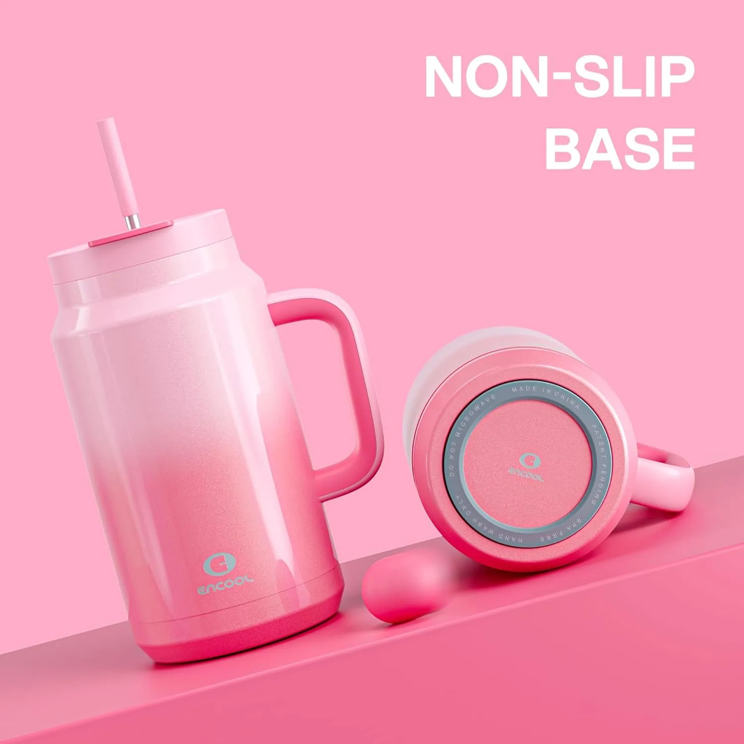 50 oz Tumbler with Handle and Straw, 100% Leak-Proof Insulated Cup Large Water Bottle with 2-in-1 Lid, Reusable Stainless Steel Travel Mug Water Jug, Non-slip Base, BPA-Free （Flamingo）