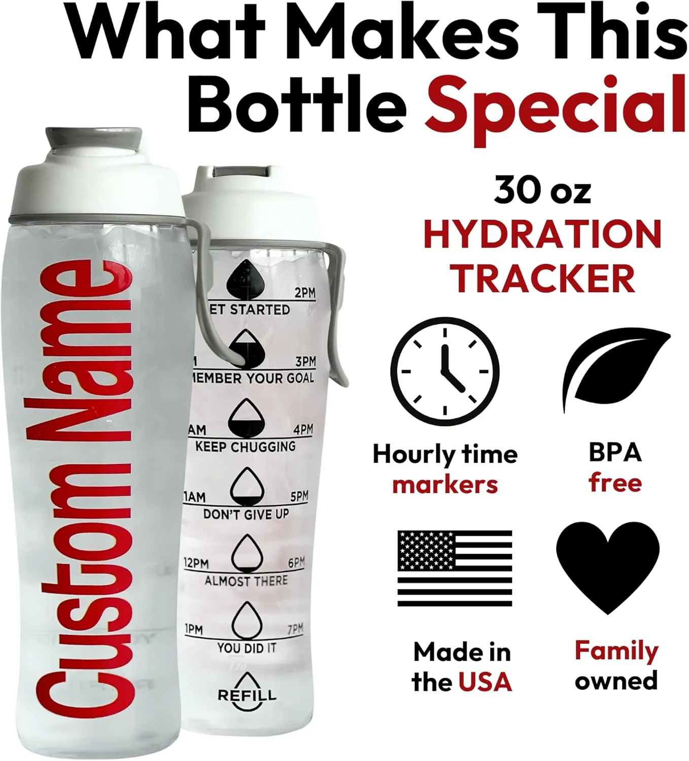 50 Strong Custom Water Bottle with Time Markers – Personalized 30 oz BPA-Free Leakproof Bottle with Chug Cap & Easy-Carry Handle – Made in USA