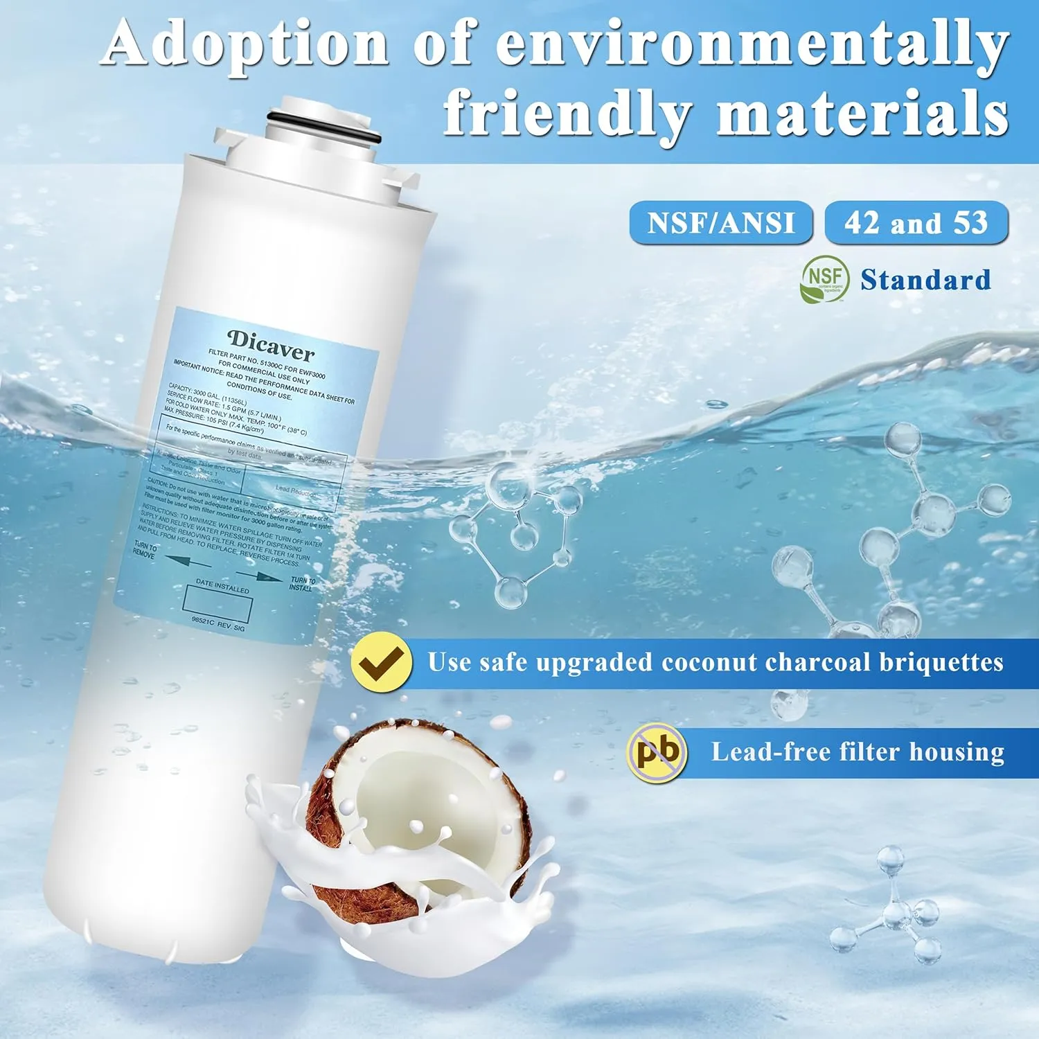 51300C Filters, Replacement for Elkay 51300C EWF3000 Filter By NSF/ANSI 42 Certified,Compatible with Ezh2o Filter Replacement Bottle Stations, High Capacity 3000 Gallon (No Chip) 2 Packs