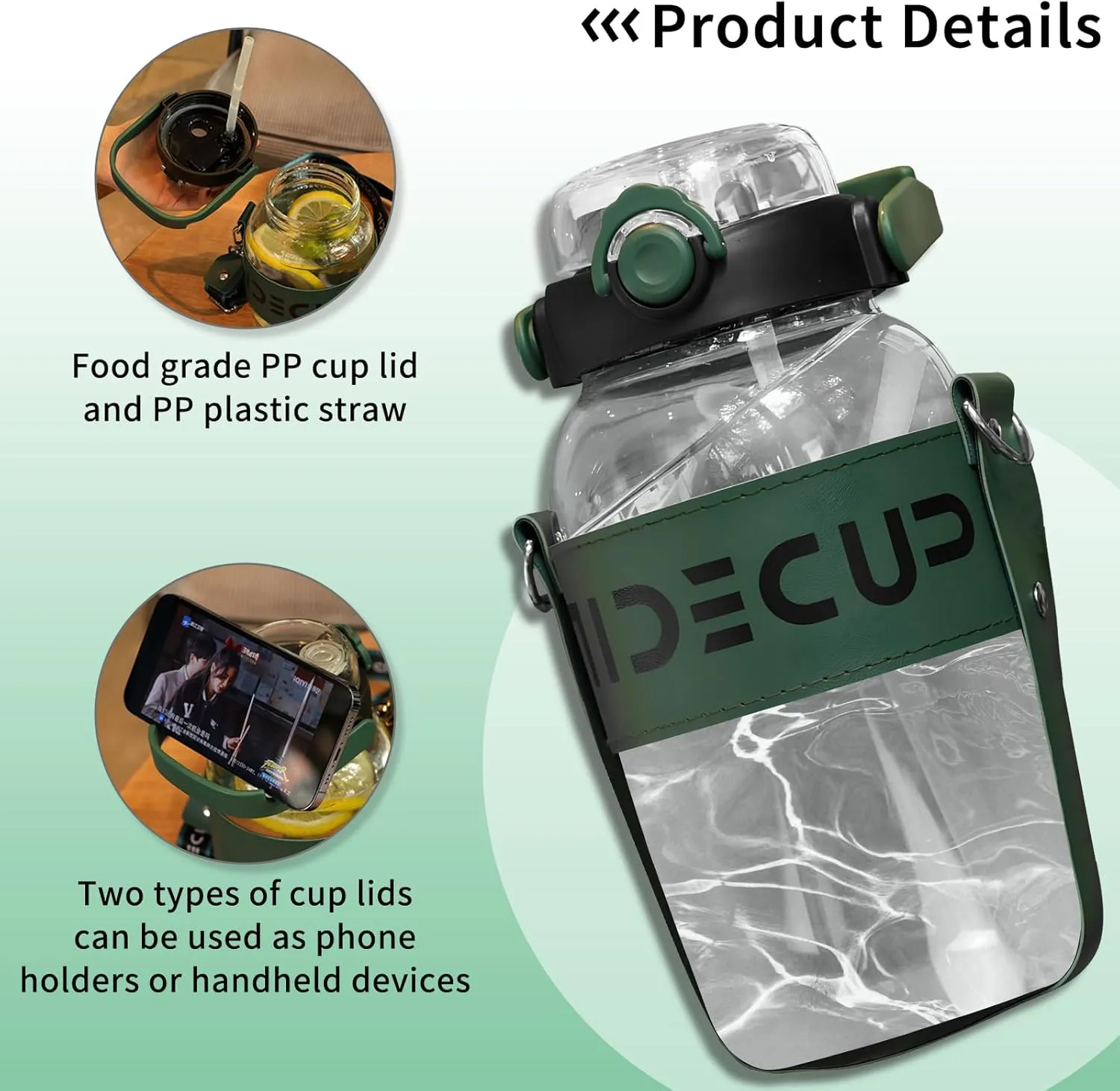 53 oz Sport Glass Water Bottle,Large Capacity Drinking Water Bottles with 2 Straws Handle Strap Wide Mouth Juice Cup,Reusable Water Jug for Office/Walk/Gyms,BPA Free,Green