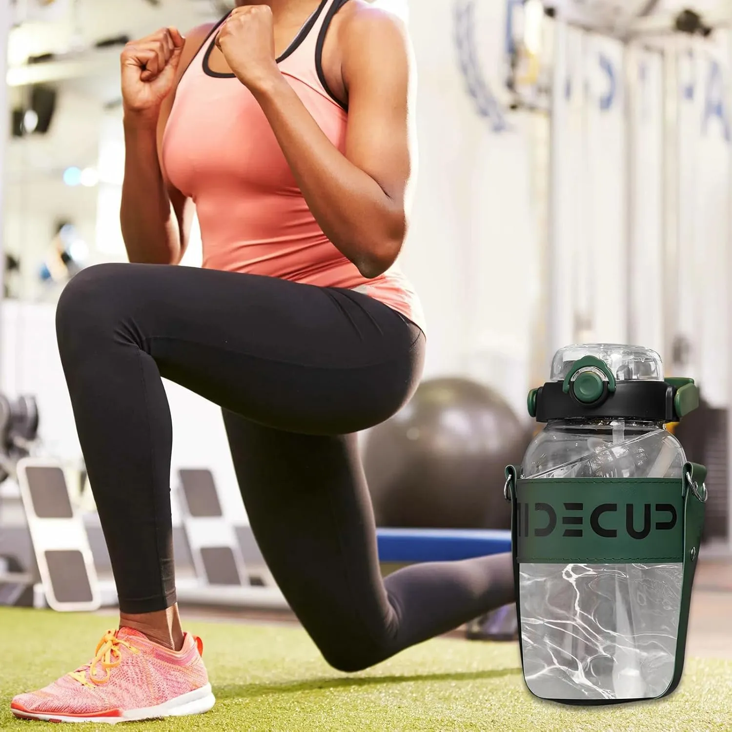 53 oz Sport Glass Water Bottle,Large Capacity Drinking Water Bottles with 2 Straws Handle Strap Wide Mouth Juice Cup,Reusable Water Jug for Office/Walk/Gyms,BPA Free,Green