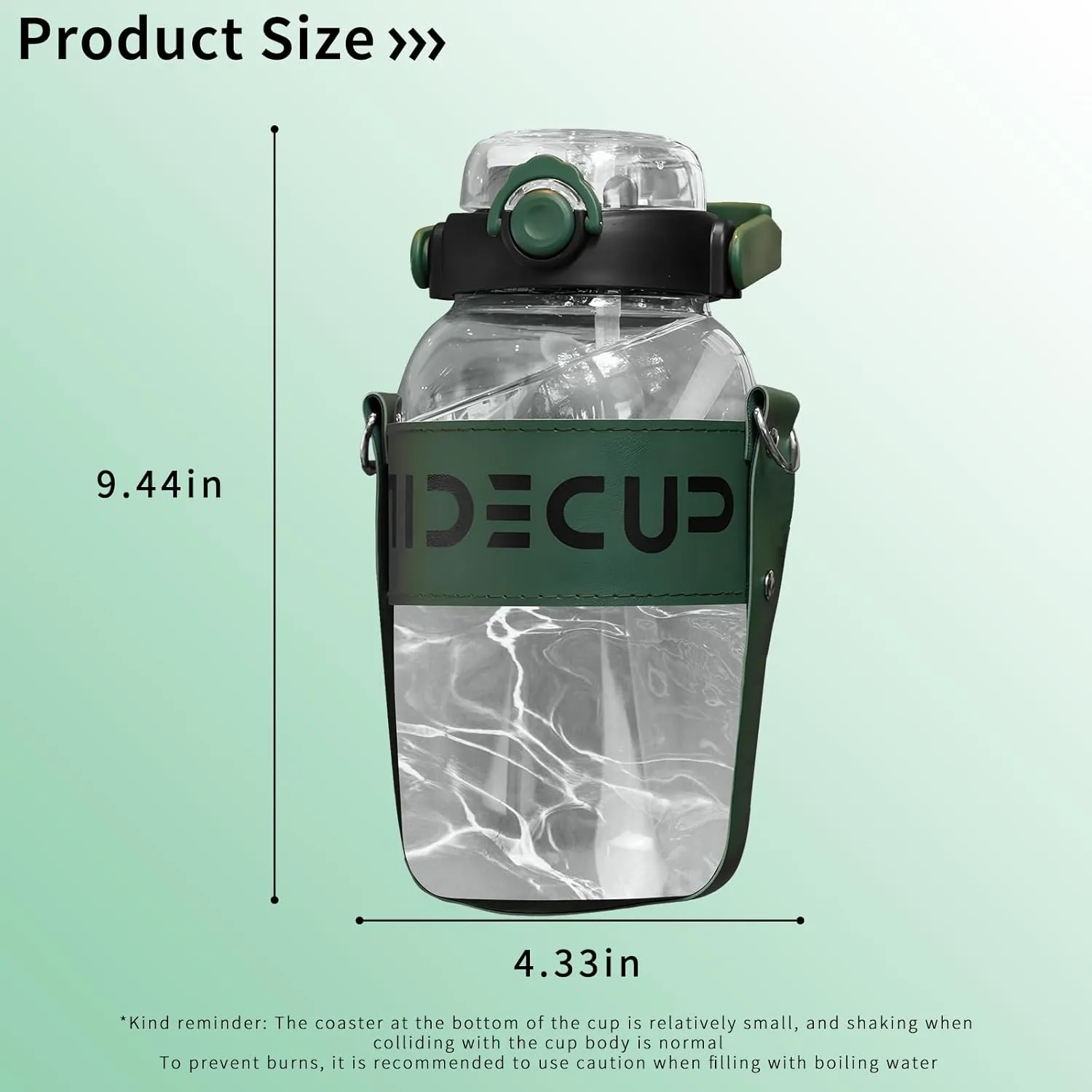 53 oz Sport Glass Water Bottle,Large Capacity Drinking Water Bottles with 2 Straws Handle Strap Wide Mouth Juice Cup,Reusable Water Jug for Office/Walk/Gyms,BPA Free,Green
