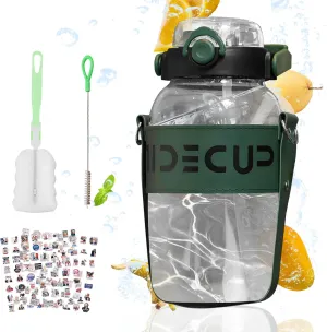 53 oz Sport Glass Water Bottle,Large Capacity Drinking Water Bottles with 2 Straws Handle Strap Wide Mouth Juice Cup,Reusable Water Jug for Office/Walk/Gyms,BPA Free,Green