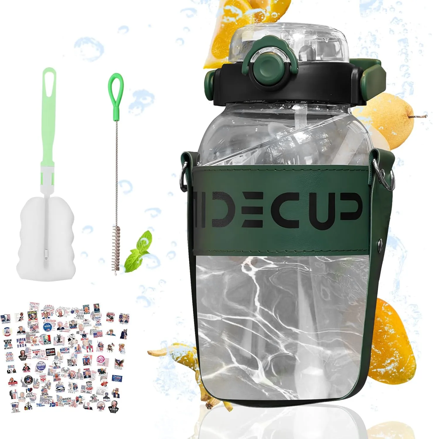 53 oz Sport Glass Water Bottle,Large Capacity Drinking Water Bottles with 2 Straws Handle Strap Wide Mouth Juice Cup,Reusable Water Jug for Office/Walk/Gyms,BPA Free,Green