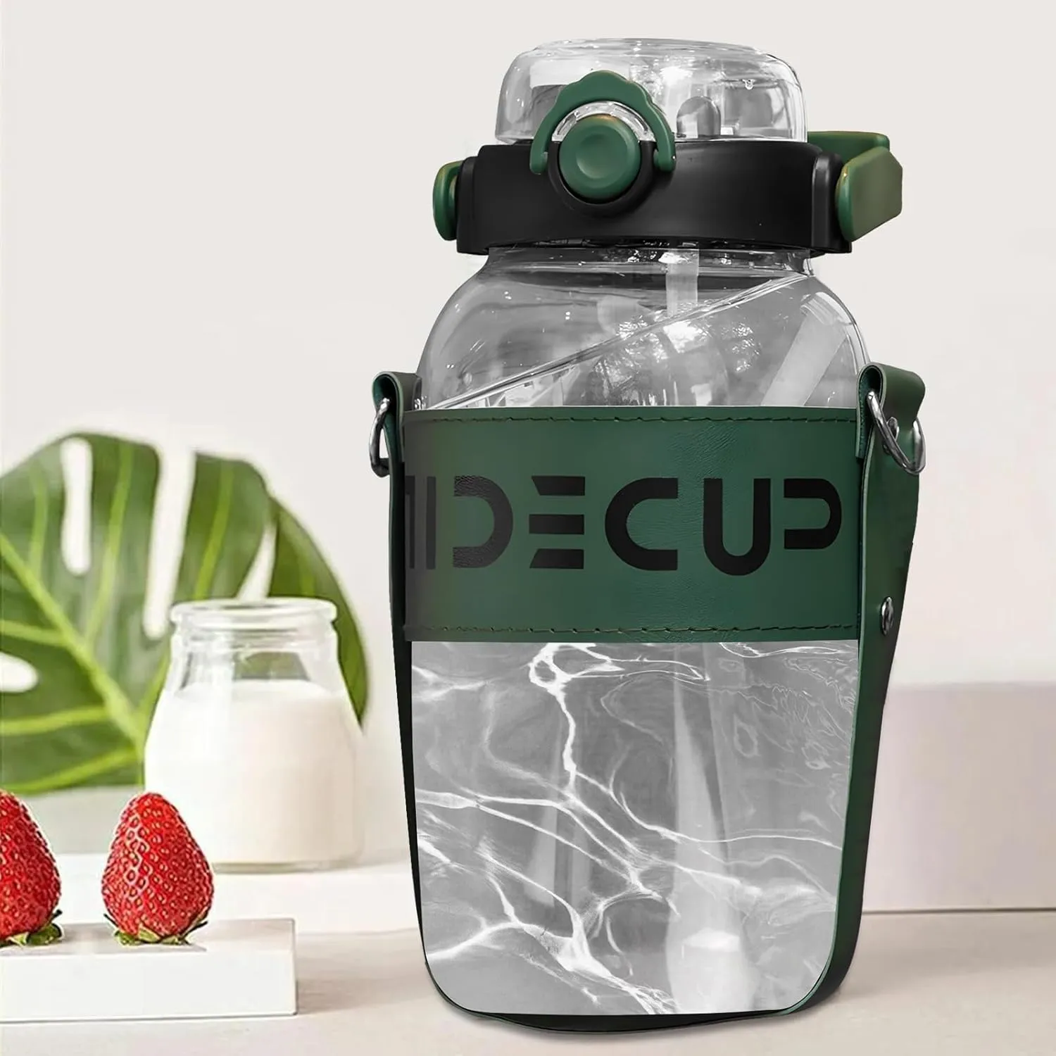 53 oz Sport Glass Water Bottle,Large Capacity Drinking Water Bottles with 2 Straws Handle Strap Wide Mouth Juice Cup,Reusable Water Jug for Office/Walk/Gyms,BPA Free,Green