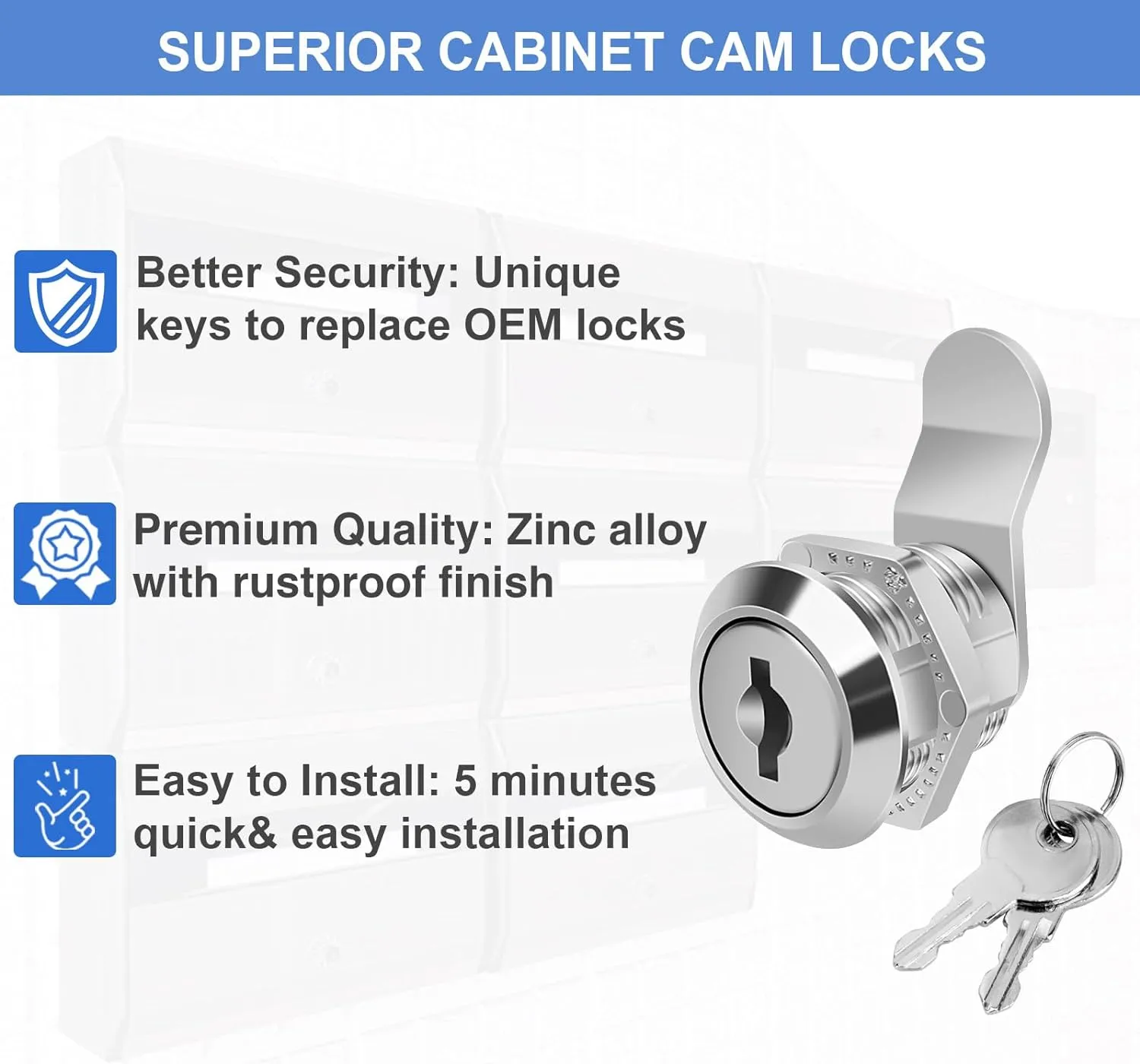 5/8" Zinc Alloy Cam Locks (8 Pack) with Keys - Keyed Alike Set for Mailbox, Toolbox and Pickup Trucks