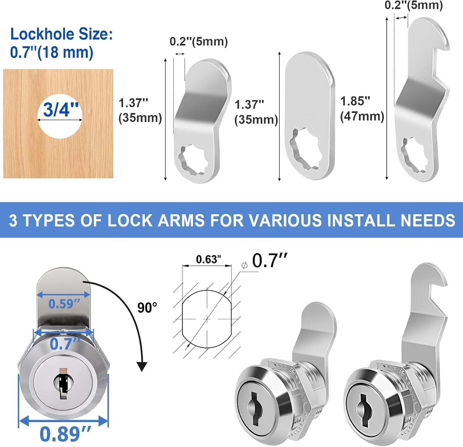 5/8" Zinc Alloy Cam Locks (8 Pack) with Keys - Keyed Alike Set for Mailbox, Toolbox and Pickup Trucks