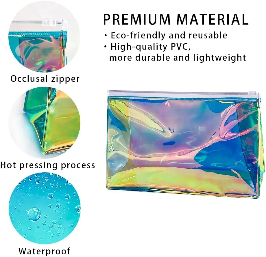 5PCS Holographic Clear Makeup Bag Bulk,Zipper Portable Waterproof Toiletry Pouch,Iridescent Storage Cosmetic Bags for Women (Dark Green-5pcs)