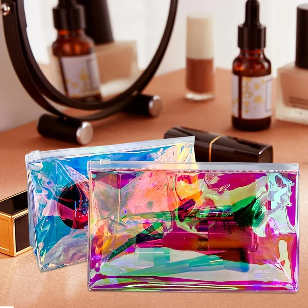5PCS Holographic Clear Makeup Bag Bulk,Zipper Portable Waterproof Toiletry Pouch,Iridescent Storage Cosmetic Bags for Women (Dark Green-5pcs)
